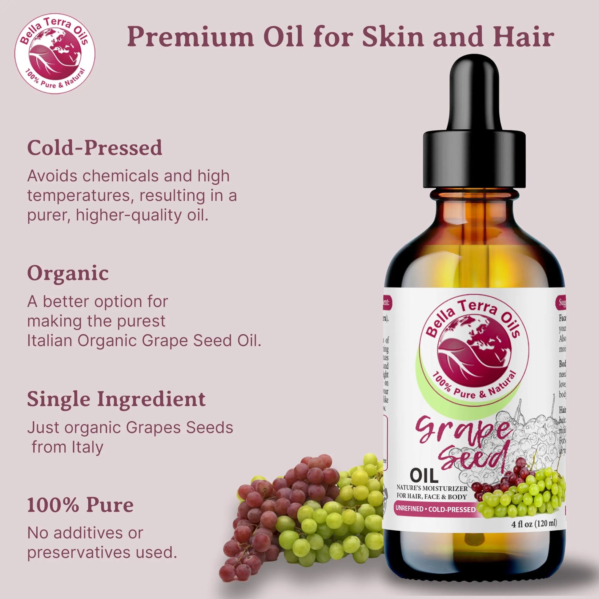 Bella Terra Oils grape seed oil bottle with product details on a light purple background