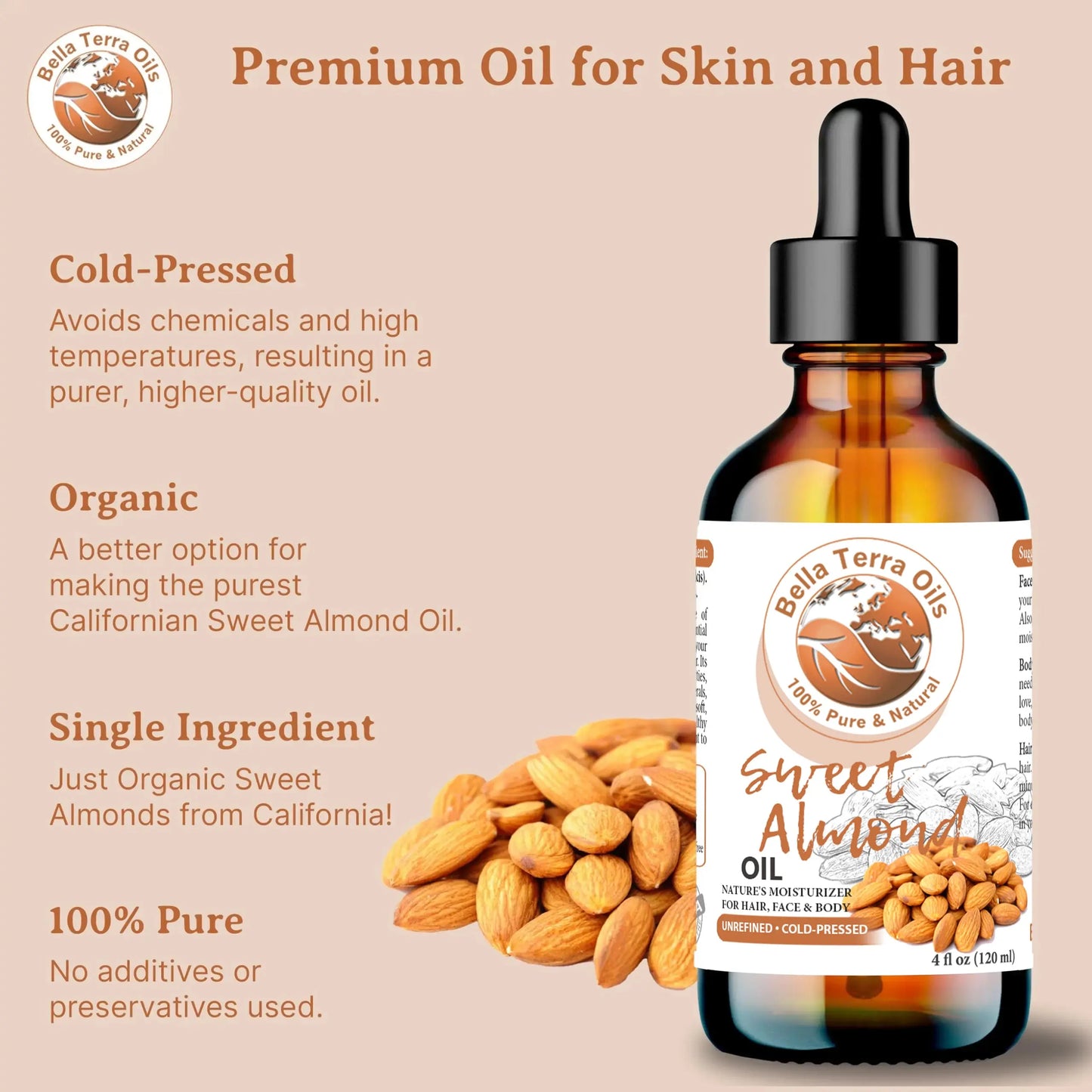 Bella Terra Oils sweet almond oil bottle with almonds on a beige background