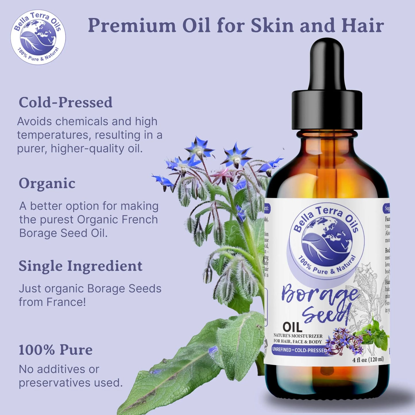 Bottle of Bella Terra Oils Borage Seed Oil with dropper, surrounded by borage plant on a light purple background.