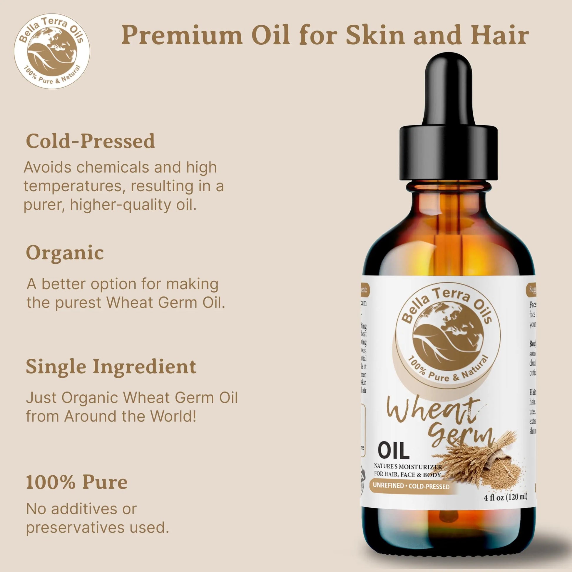 Bella Terra Oils wheat germ oil dropper bottle with product details on a beige background