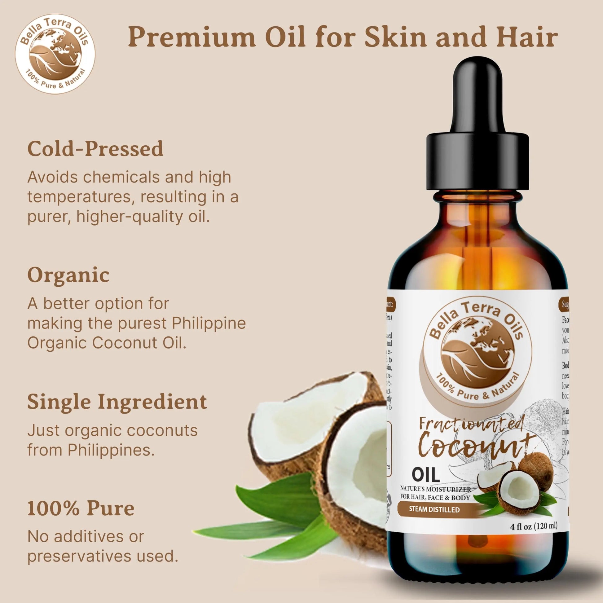 Bella Terra Oils fractionated coconut oil bottle with coconuts and text on a beige background
