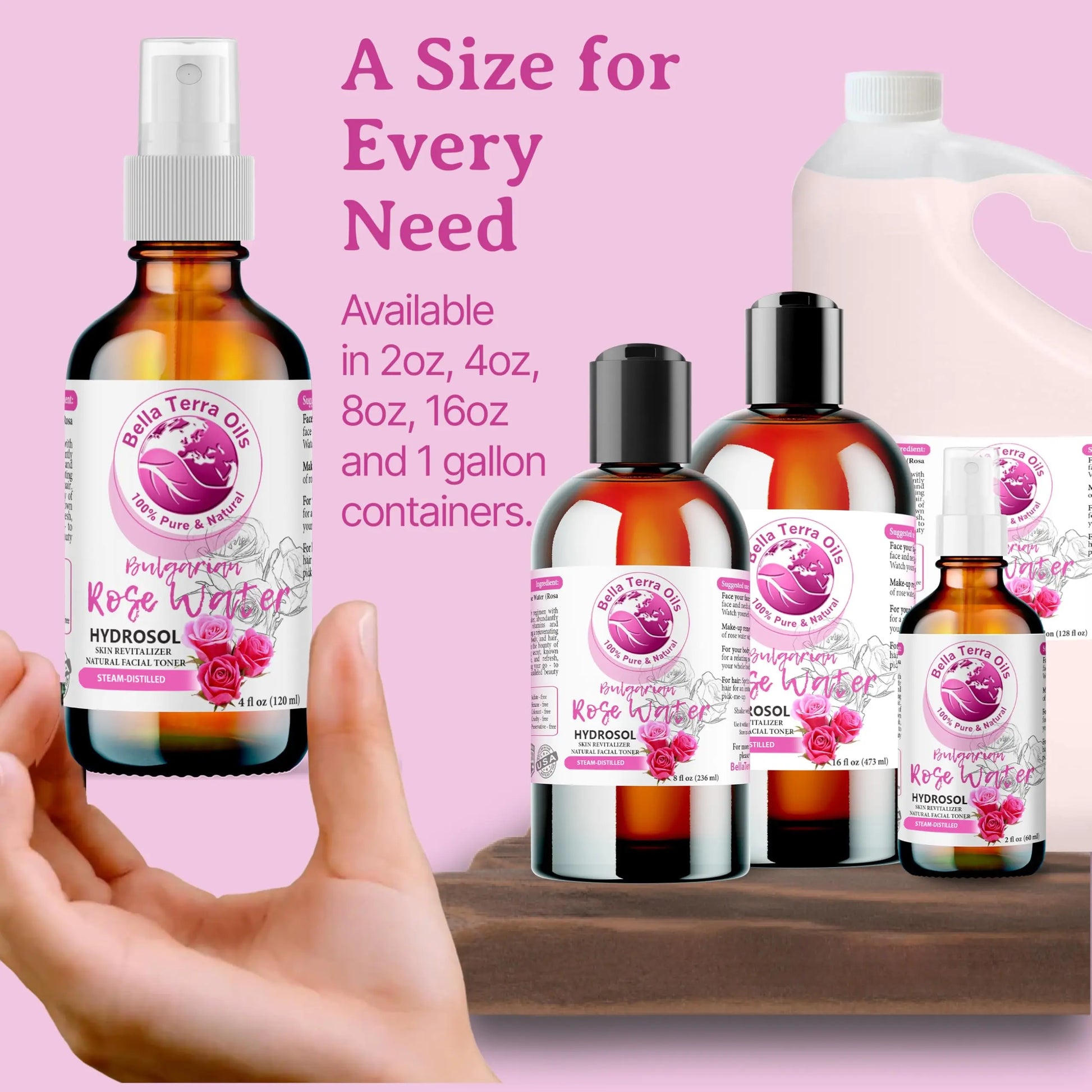 Bella Terra Organics Rose Water Hydrosol bottles with a hand holding one bottle against a pink background.