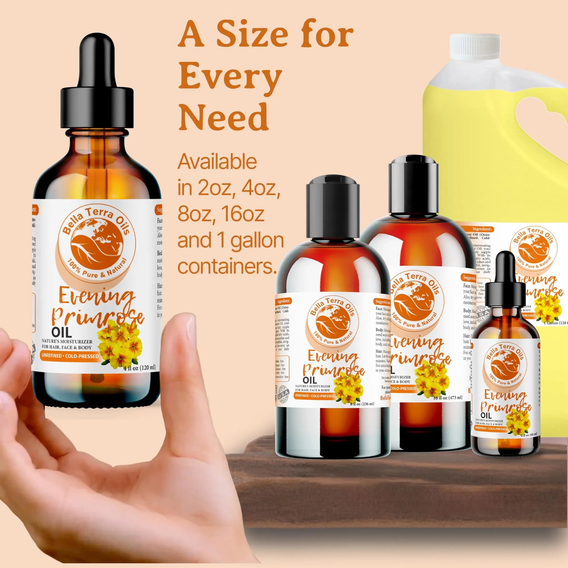 Bella Terra Organics Evening Primrose Oil bottles in various sizes on a wooden surface with a hand holding one bottle.