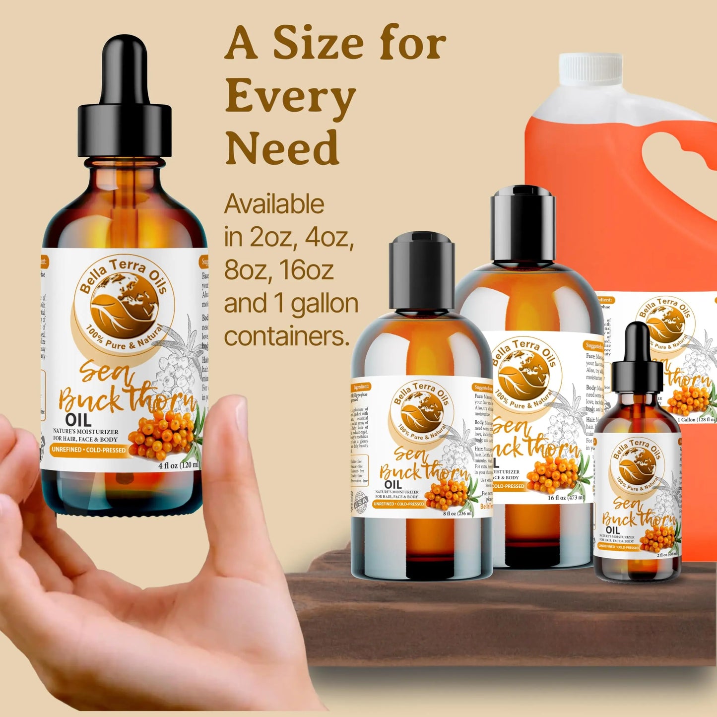 Bella Terra Organics Sea Buckthorn Oil bottles in various sizes with a hand holding one bottle.