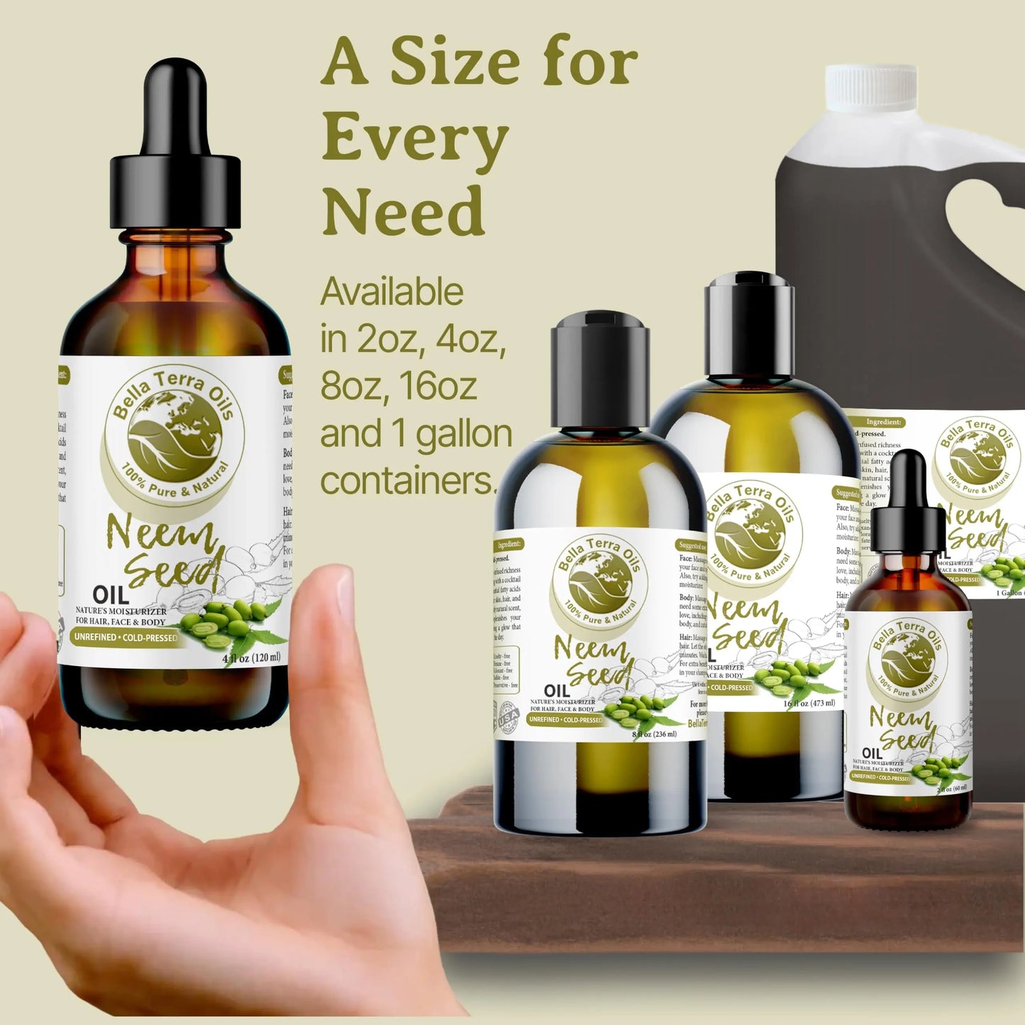 Bella Terra Organics Neem Seed Oil bottles in various sizes with a hand holding one bottle.