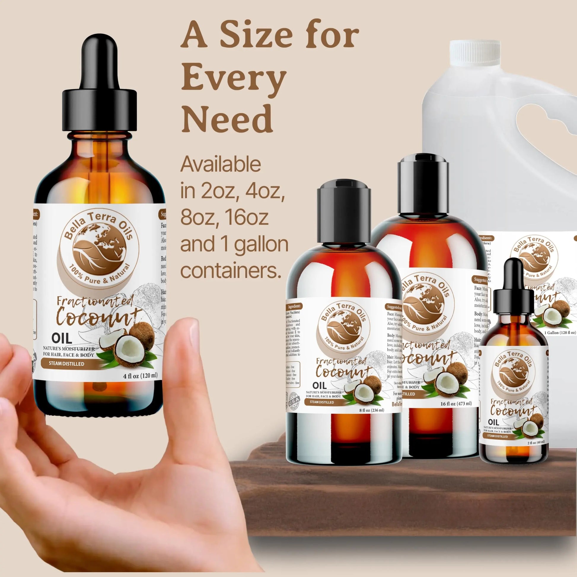 Collection of Bella Terra Oils coconut oil bottles with a hand holding one bottle, on a beige background.