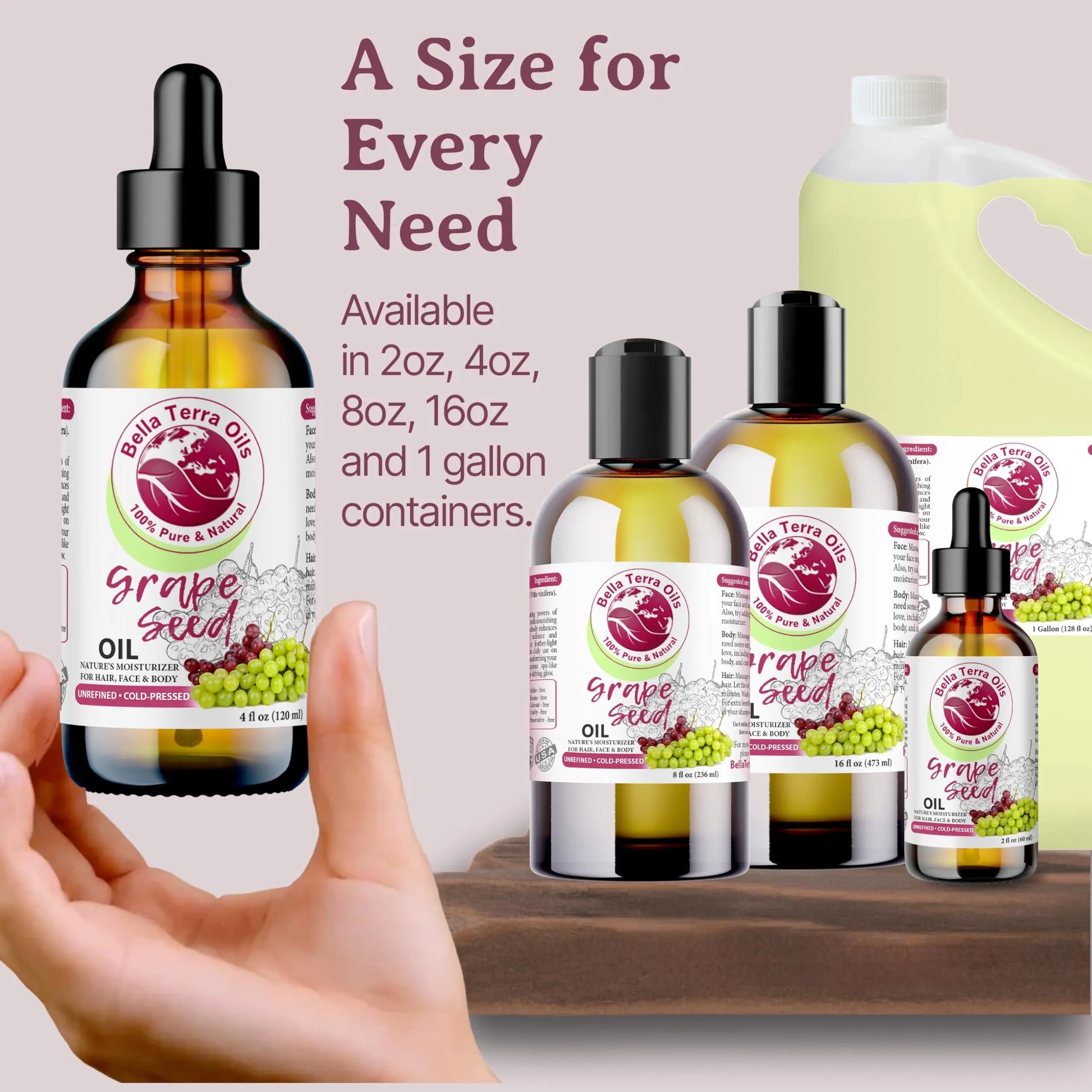 Bella Terra Olive Grape Seed Oil bottles in various sizes with a hand holding one bottle.