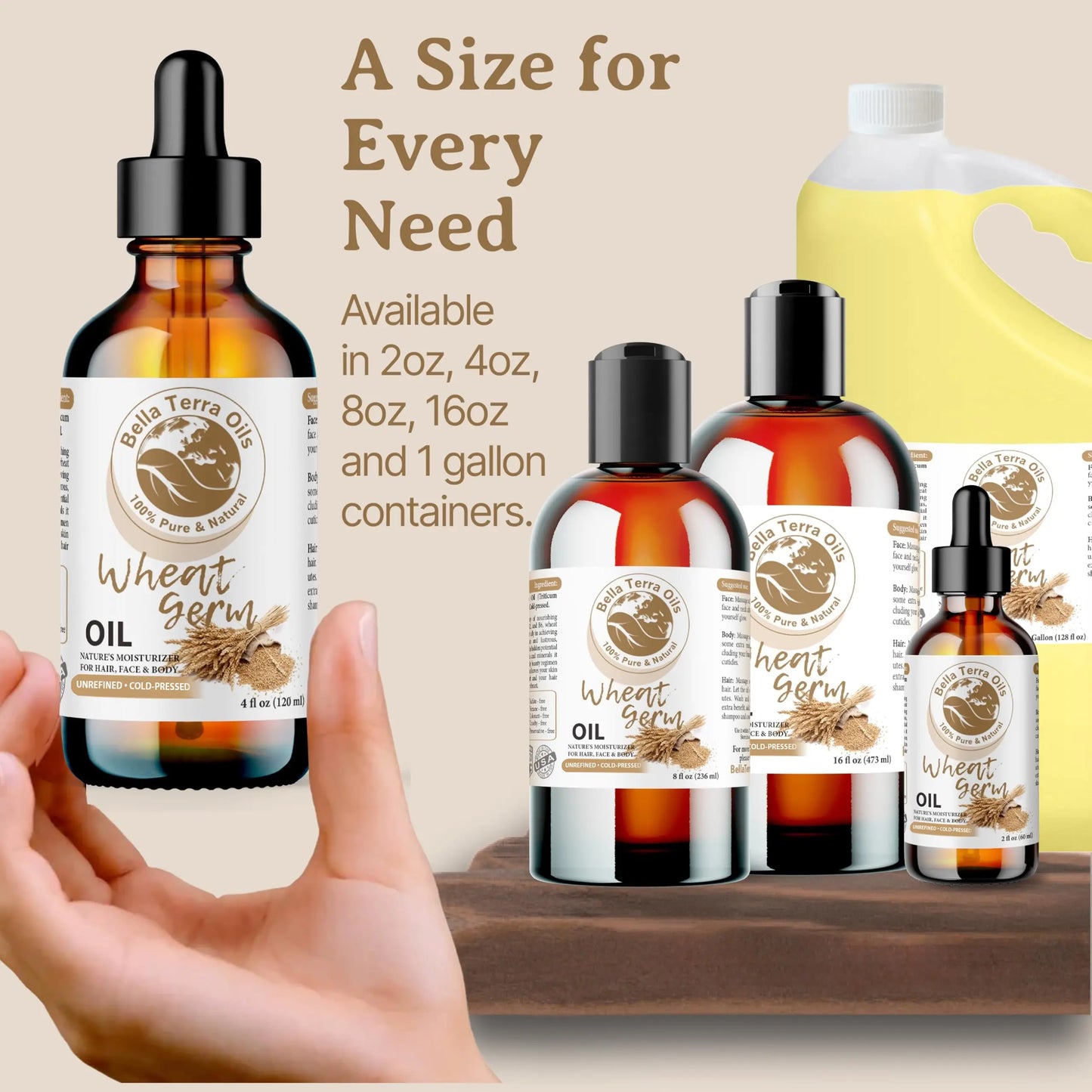 Bella Terra Organics wheat germ oil bottles in various sizes with a hand holding one bottle.
