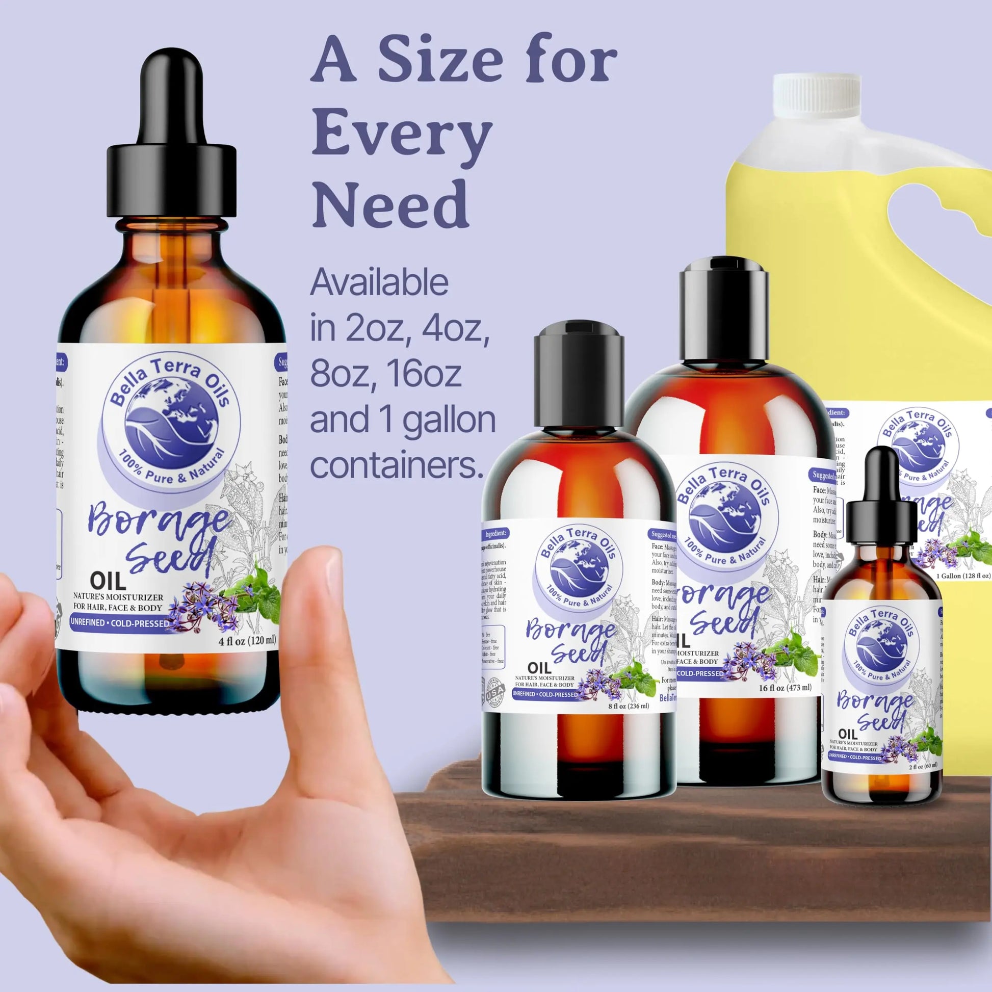 Bottle of Borage Seed Oil with packaging and text on a purple background