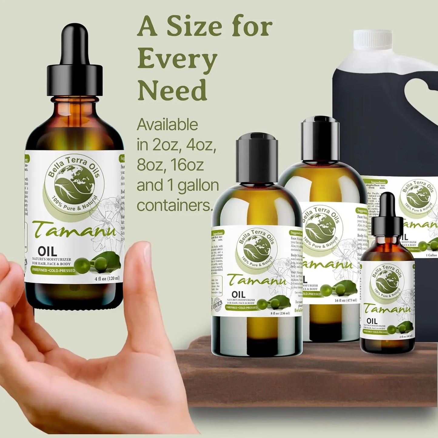 Balla Terra Pure & Simple Tamanu Oil bottles in various sizes with a hand holding one bottle.