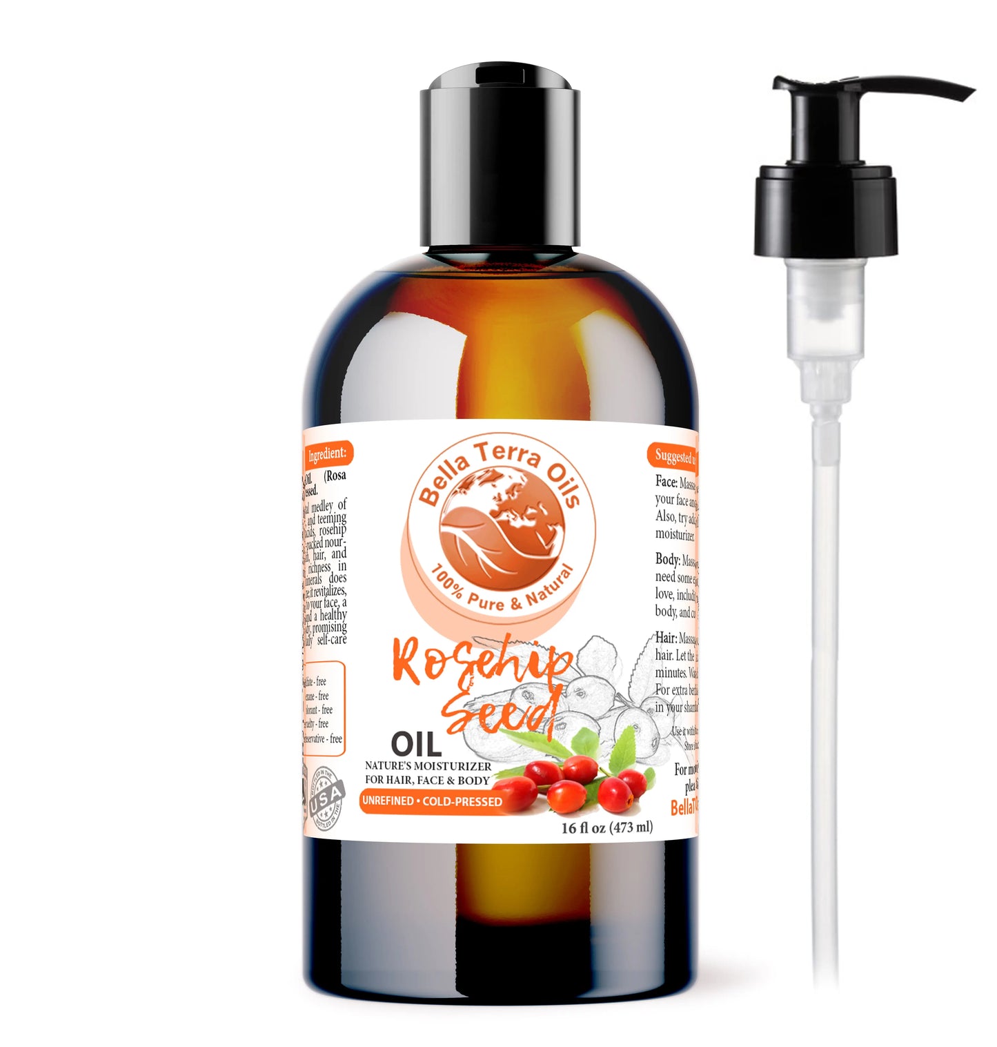 Bella Terra Oils Rosehip Seed oil bottle with pump on a white background