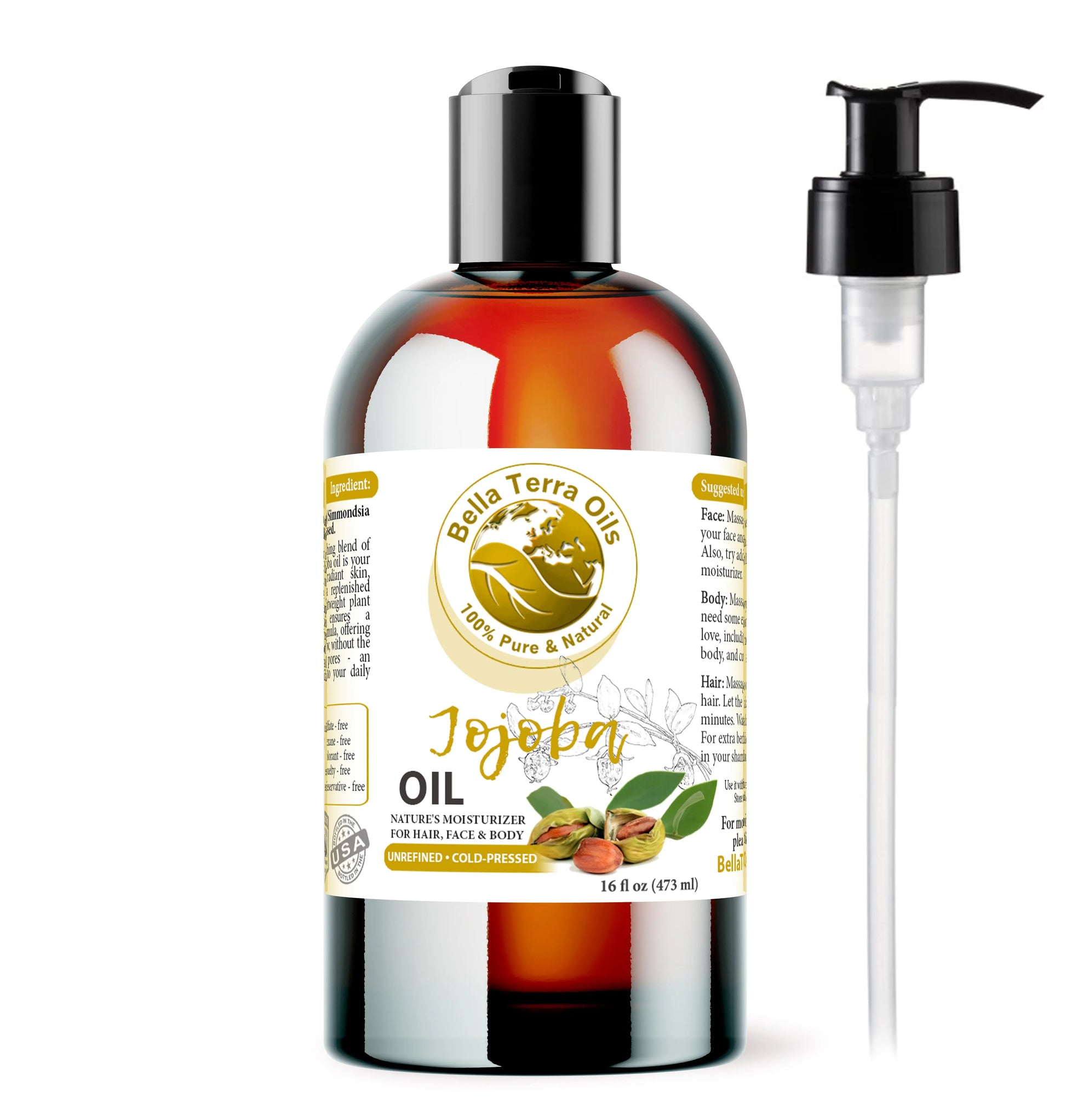 Bella Terra Oils Jojoba Oil bottle with pump on a white background
