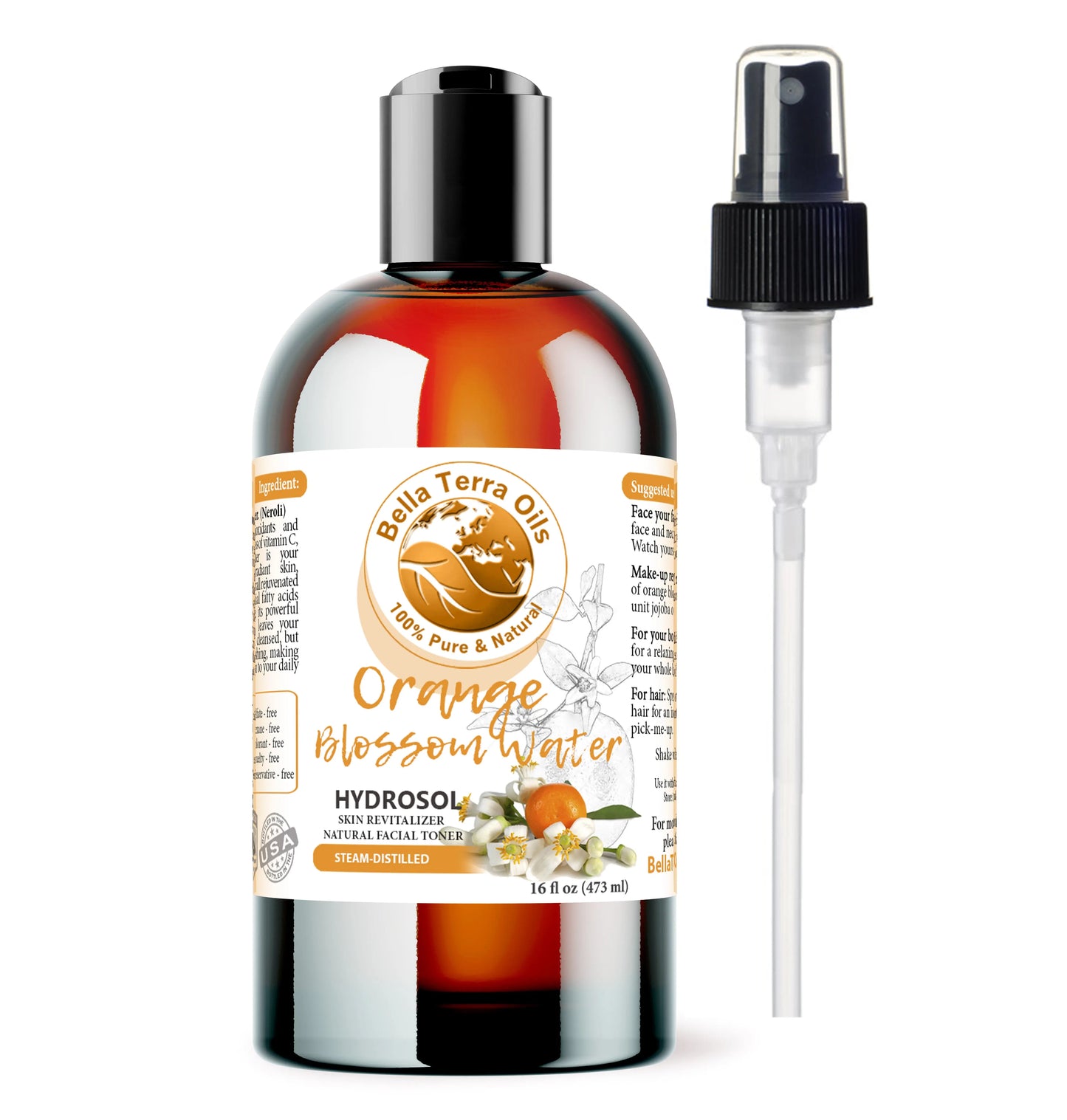Bella Terra Oils Orange Blossom Water bottle with dropper on a white background