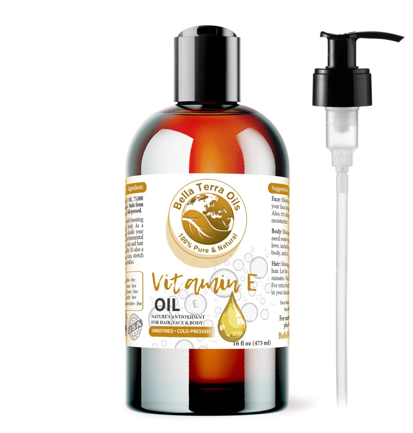 Bella Terra Oils Vitamin E oil bottle with pump on a white background