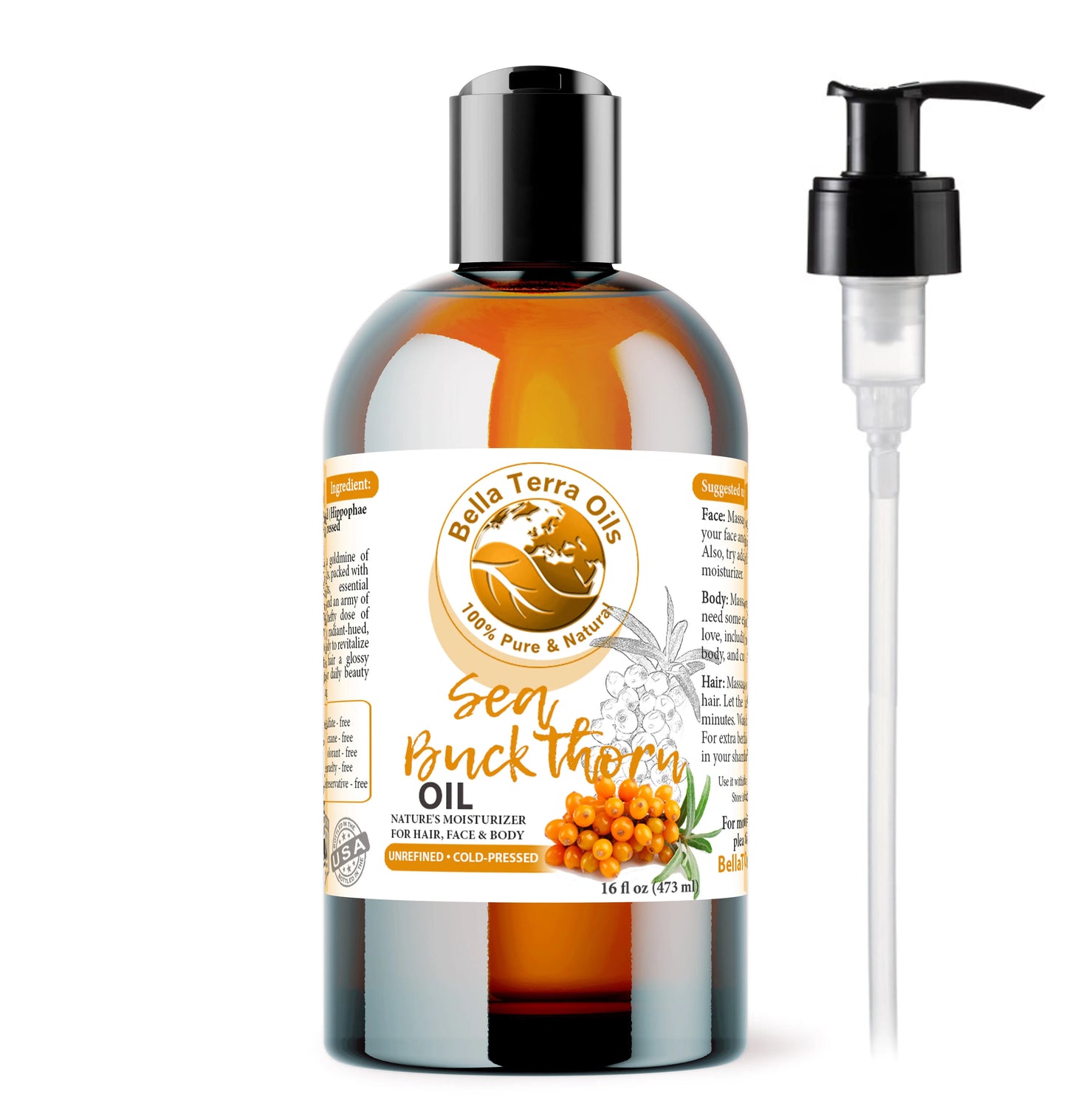 Bella Terra Oils Sea Buckthorn Oil bottle with pump on a white background