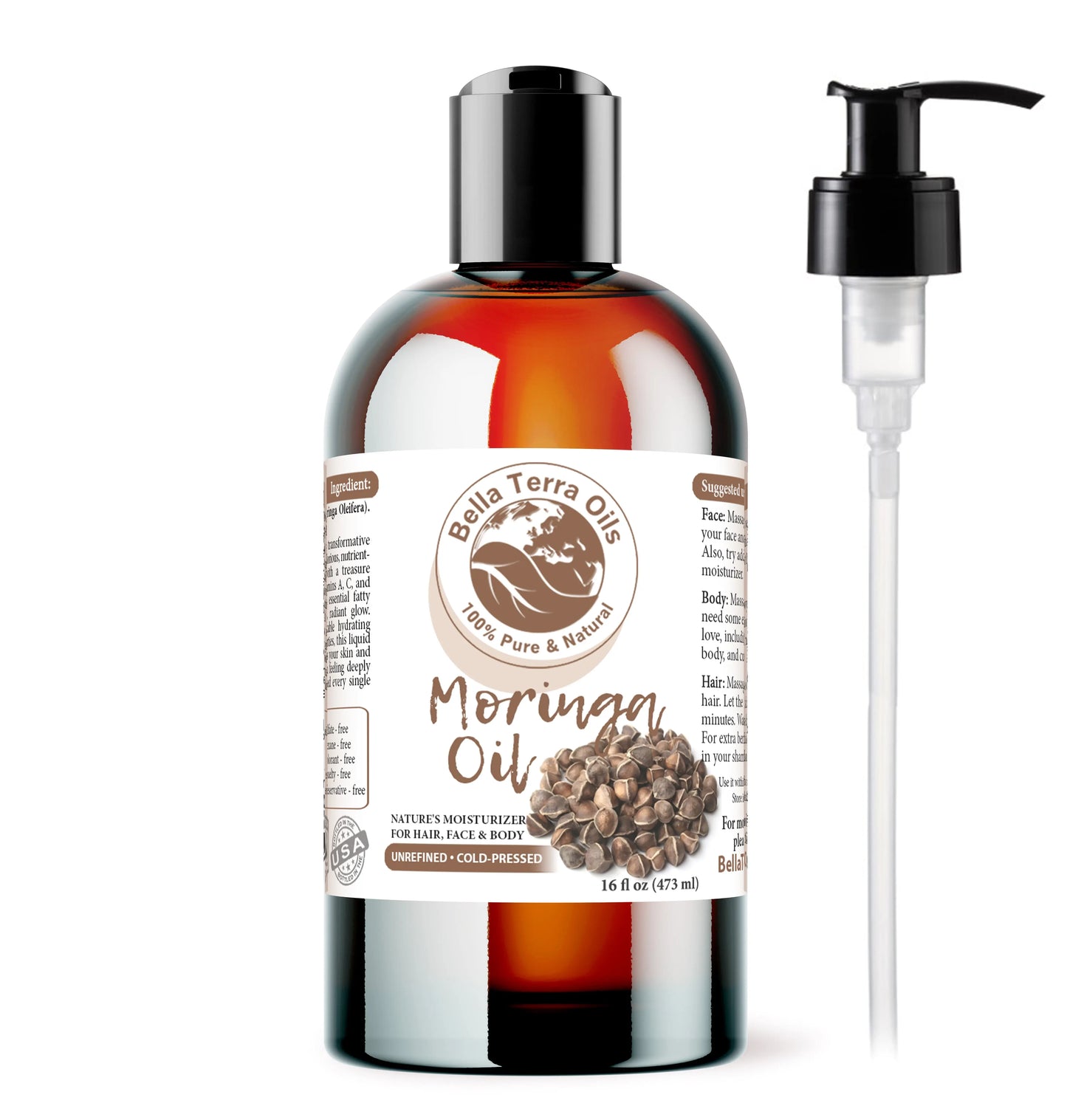 Bella Terra Oils Moringa Oil bottle with pump on a white background
