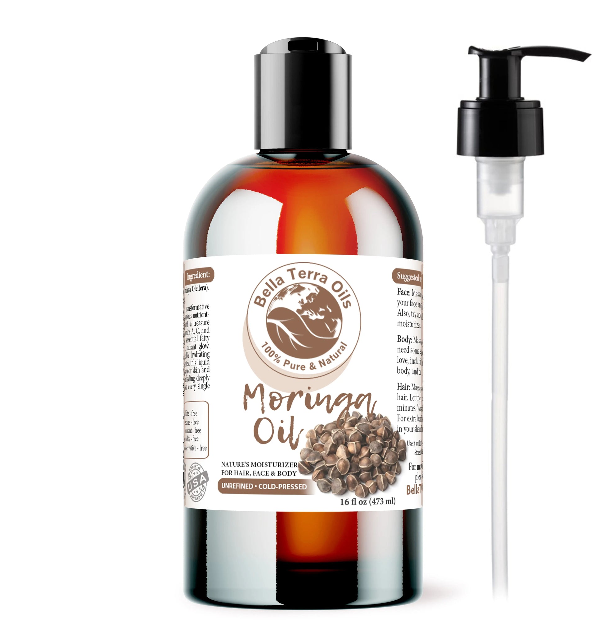 Bella Terra Oils Moringa Oil bottle with pump on a white background