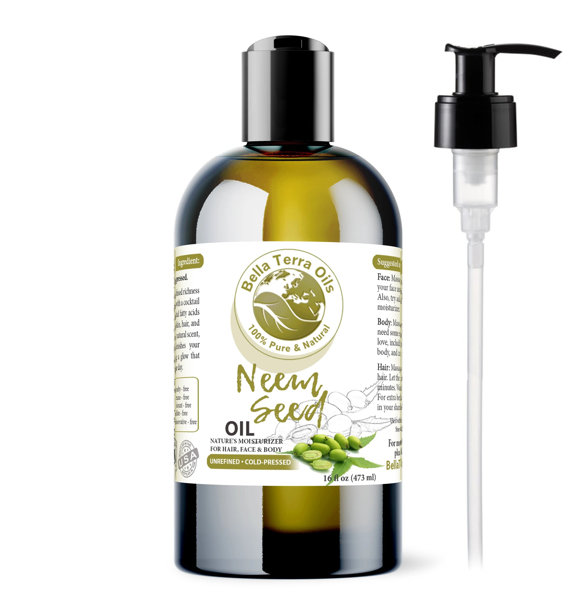 Bella Terra Oils Neem Seed Oil bottle with pump on a white background