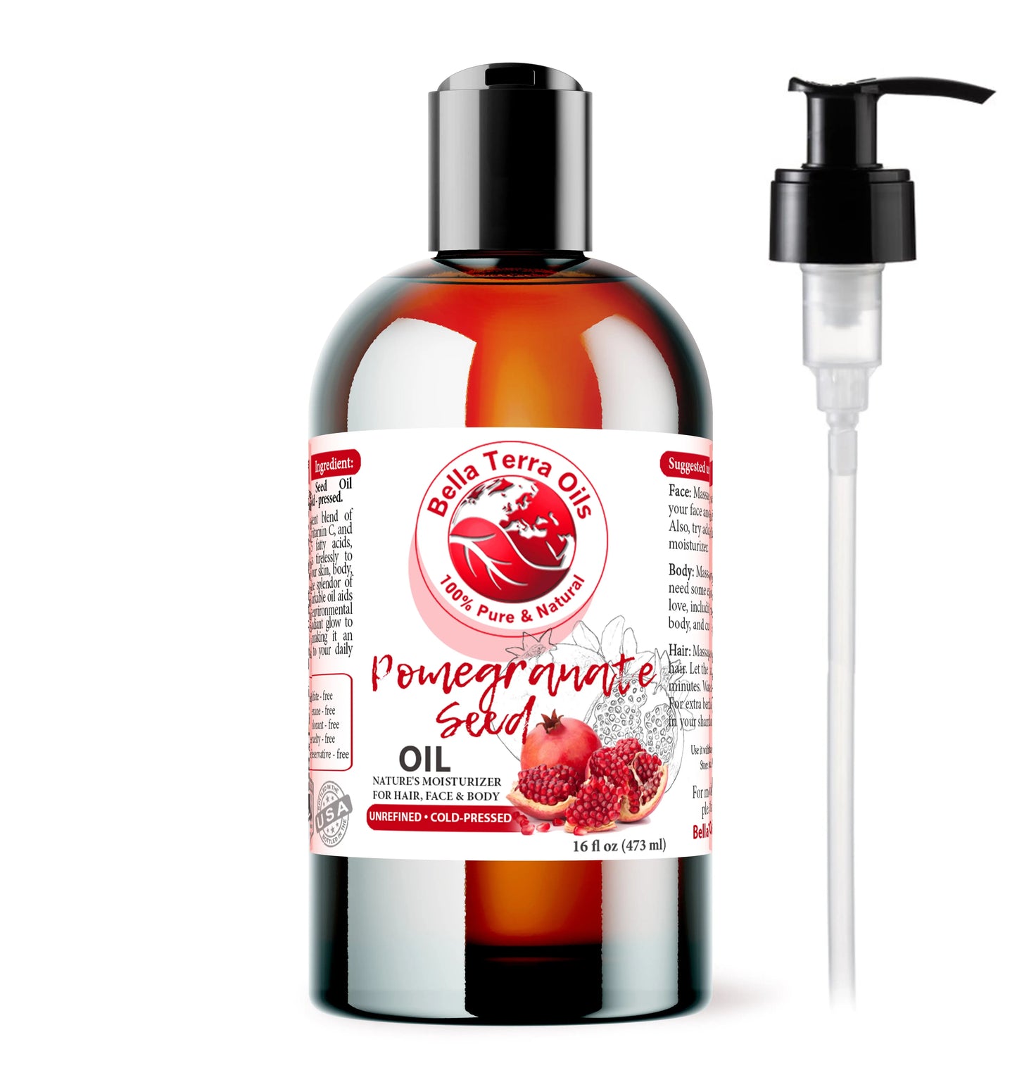 Bella Terra Oils pomegranate seed oil bottle with pump on a white background