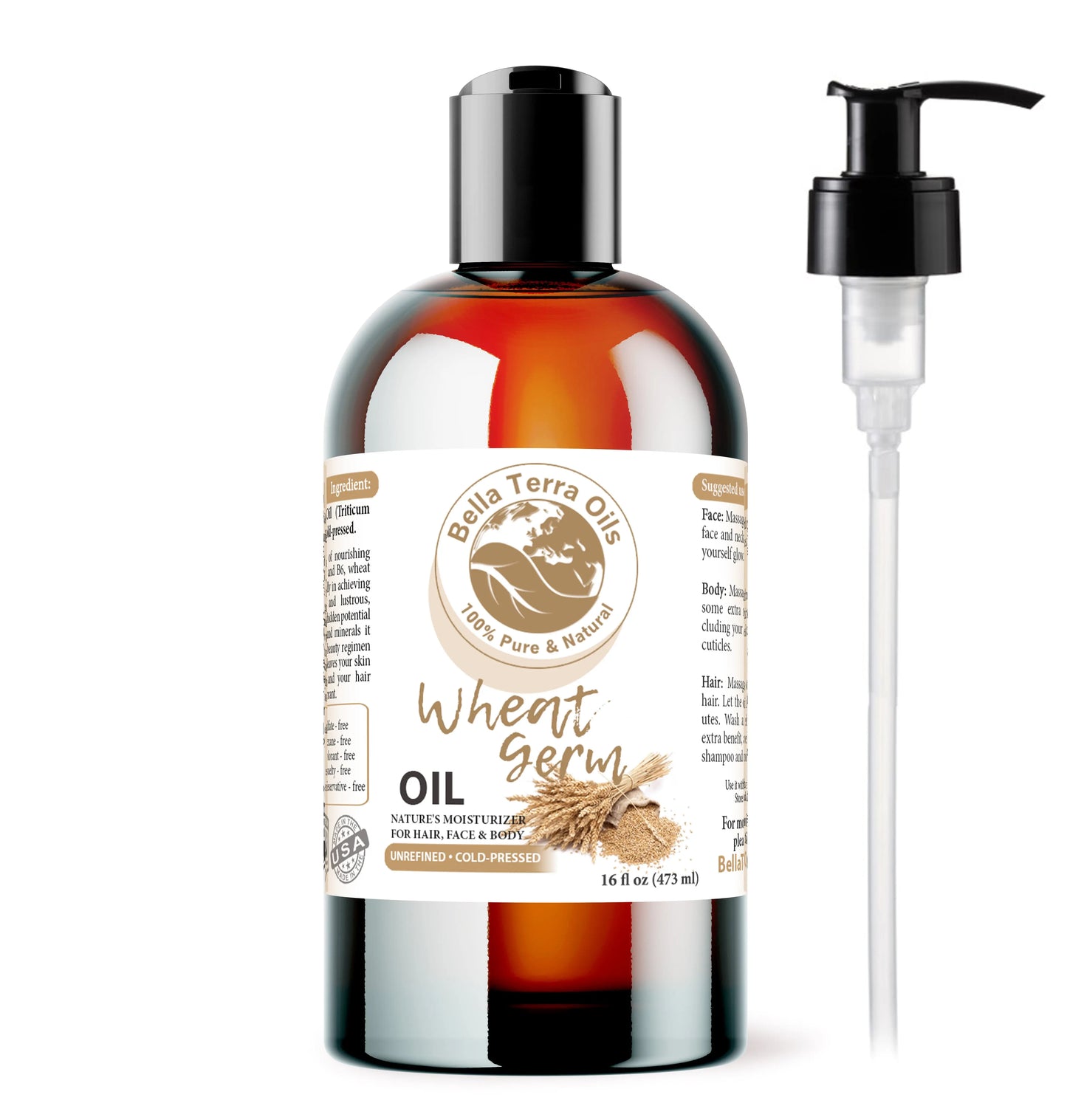 Bella Terra Oils Wheat Germ Oil bottle with pump on a white background