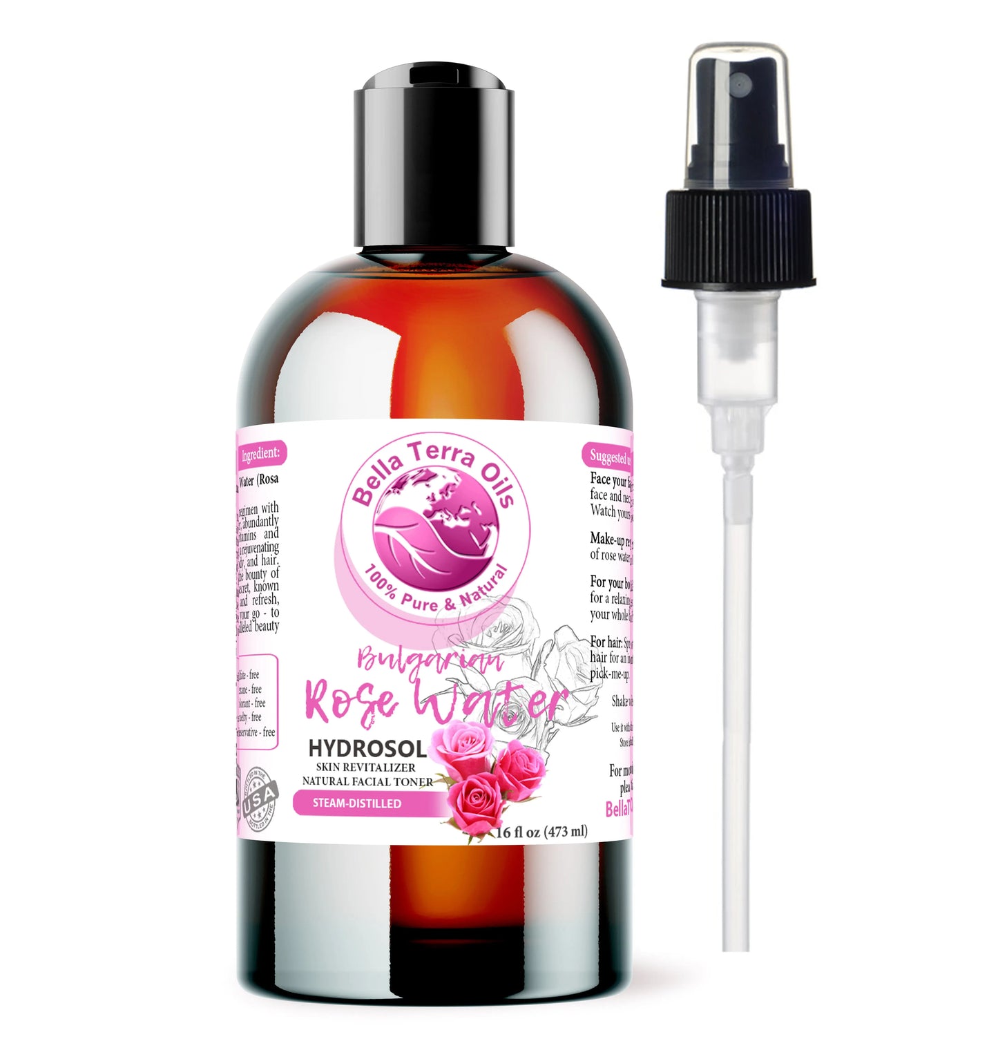 Bela Terra Oils Bulgarian Rose Hydrosol bottle with dropper on a white background