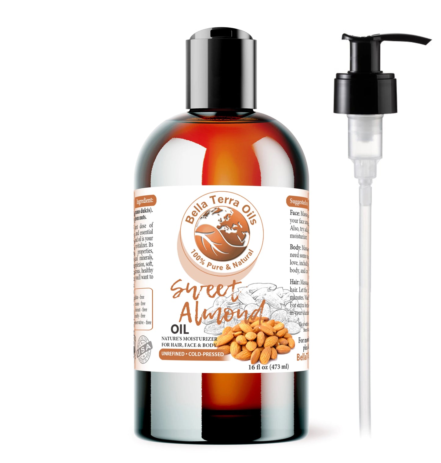 Bella Terra Oils Sweet Almond Oil bottle with pump on a white background