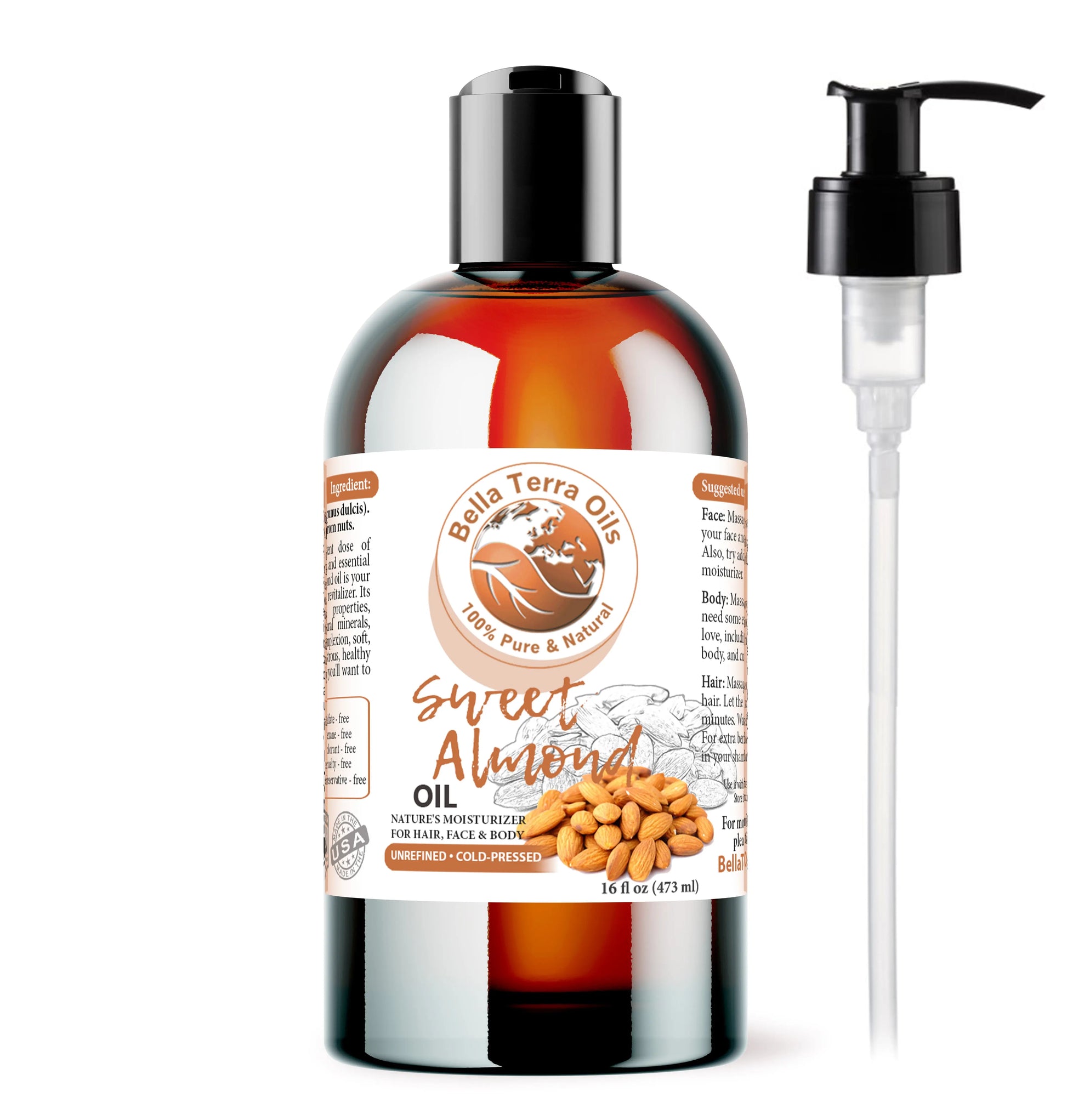 Bella Terra Oils Sweet Almond Oil bottle with pump on a white background
