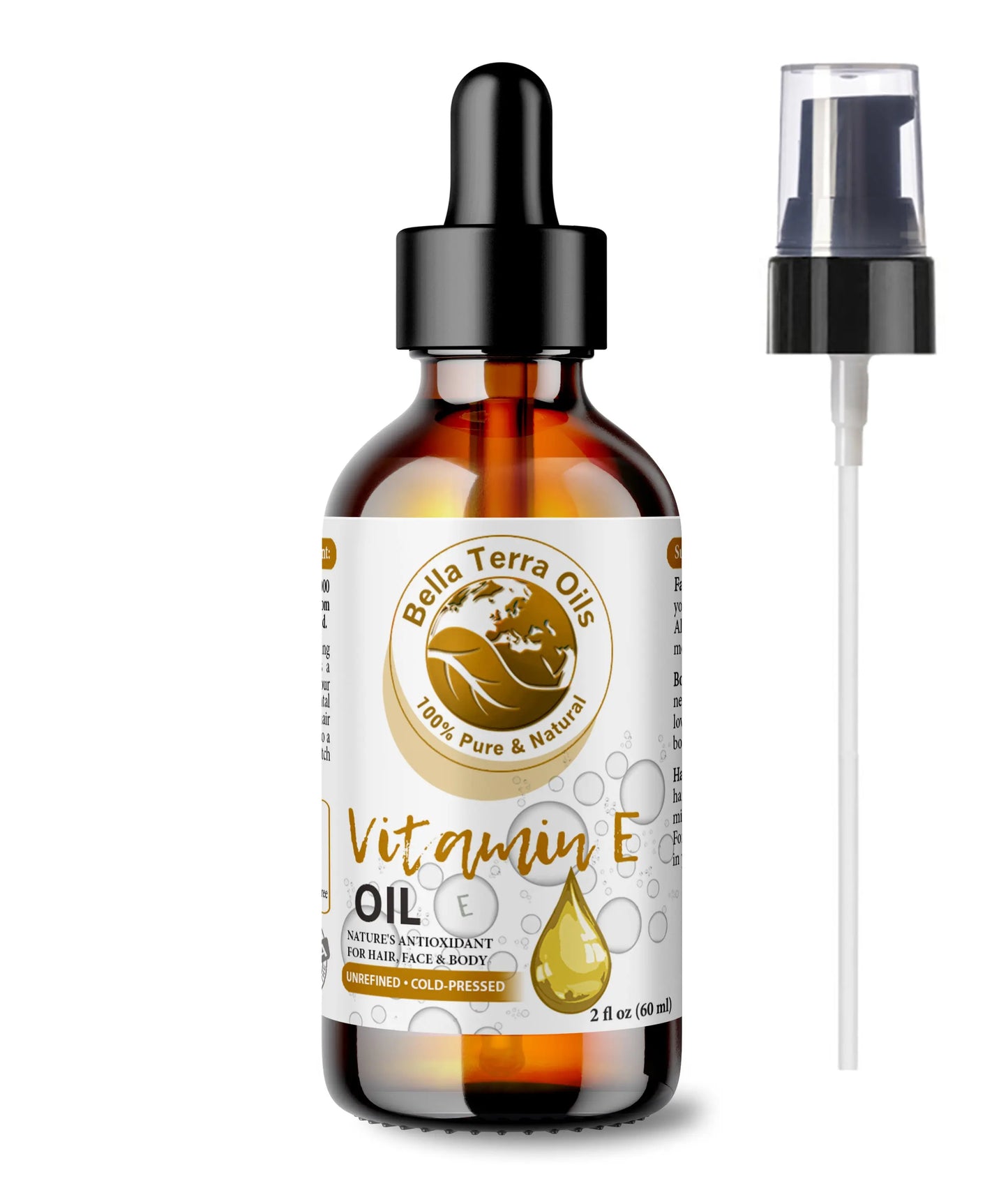 Bella Terra Oils Vitamin E oil bottle with dropper and spray on a white background