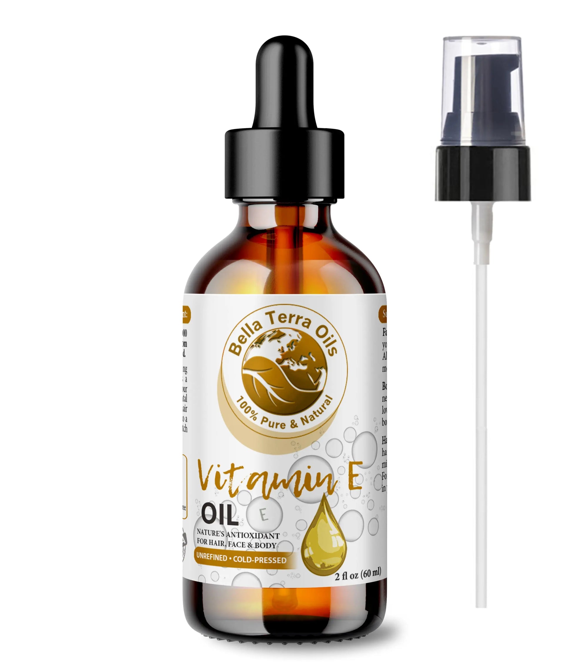 Bella Terra Oils Vitamin E oil bottle with dropper and spray on a white background