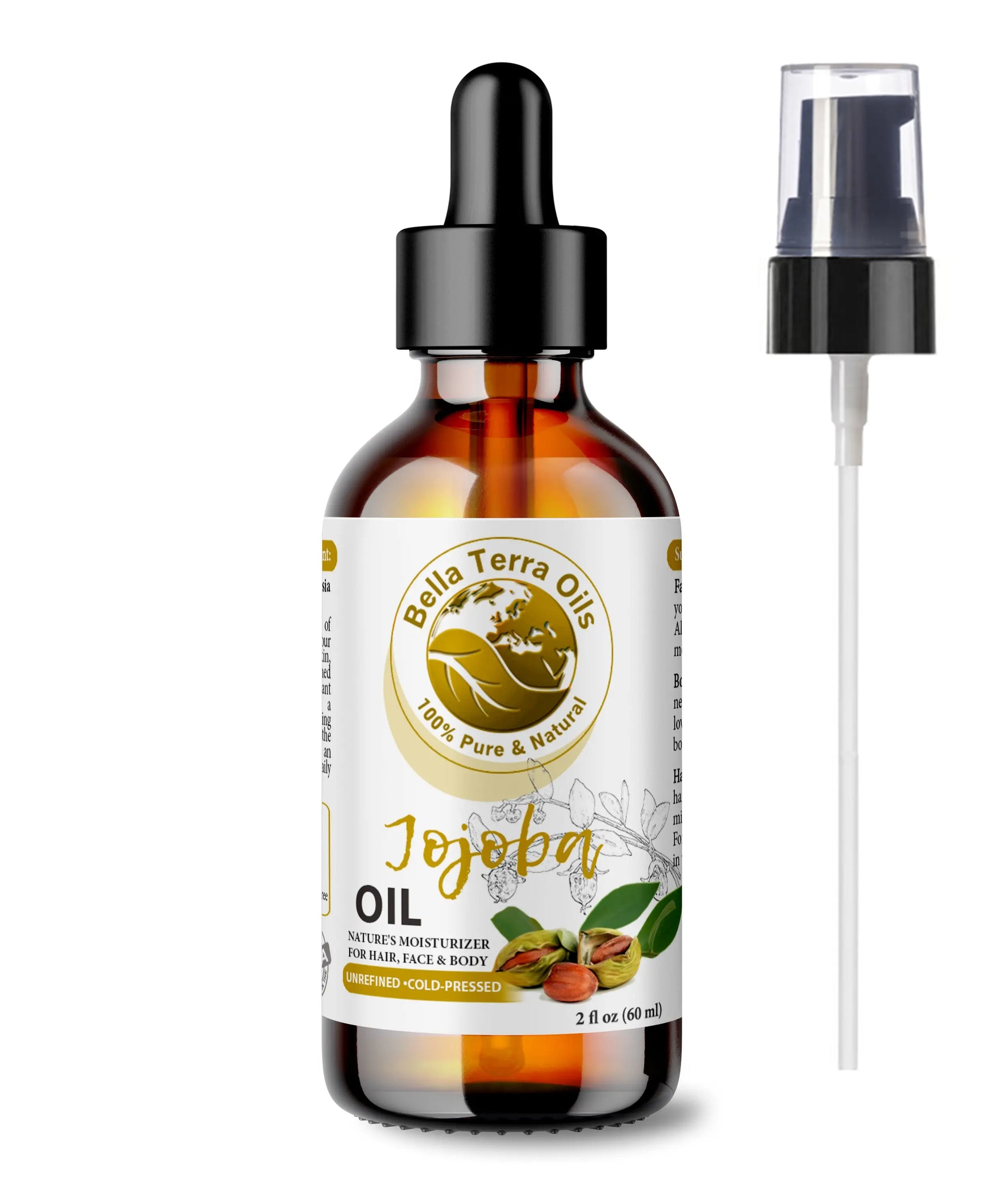 Bella Terra Oils Jojoba Oil bottle with dropper and spray on a white background