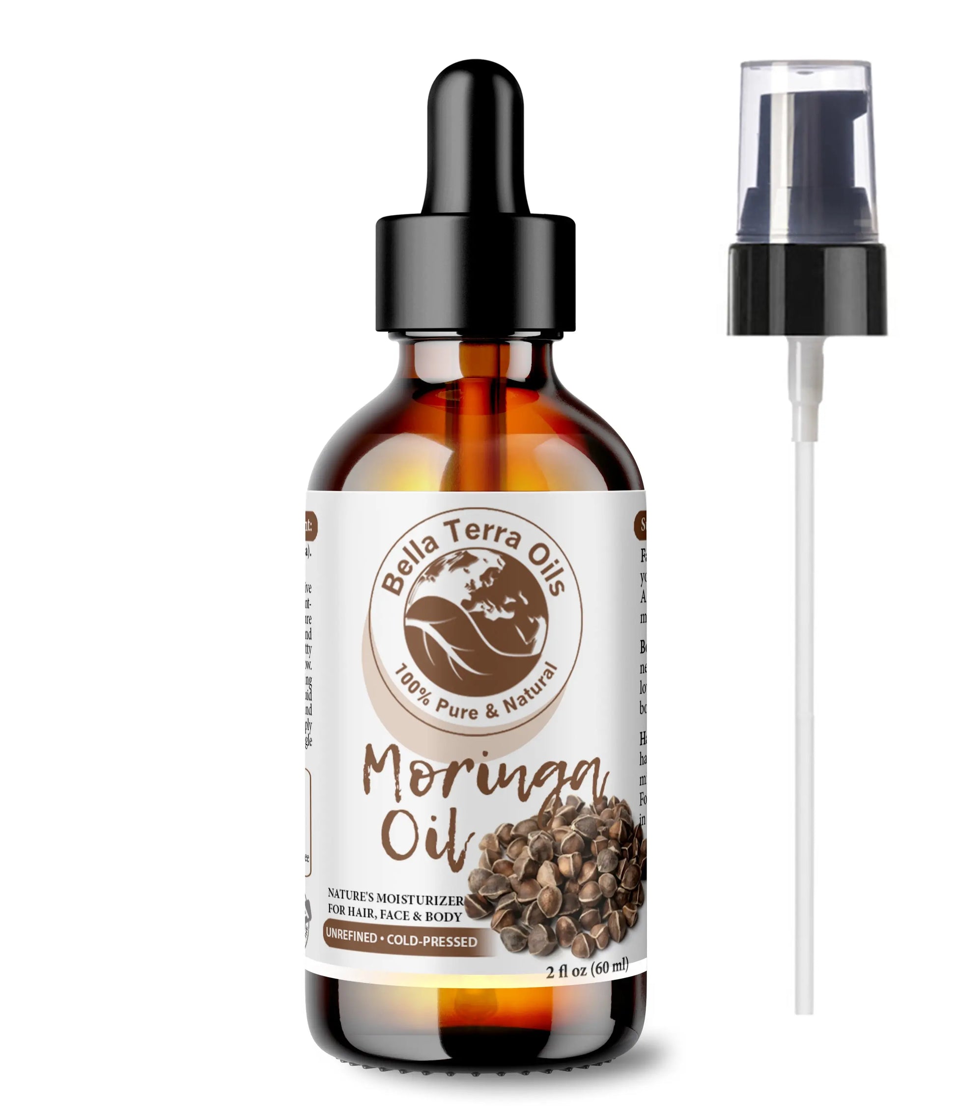 Bella Terra Oils Moringa oil bottle with dropper and spray on a white background