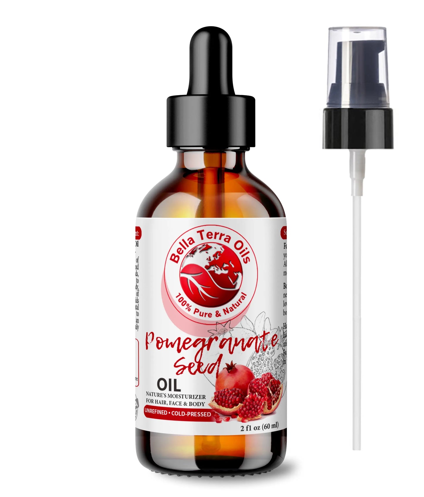 Balla Terra Oils pomegranate seed oil bottle with dropper and spray on a white background