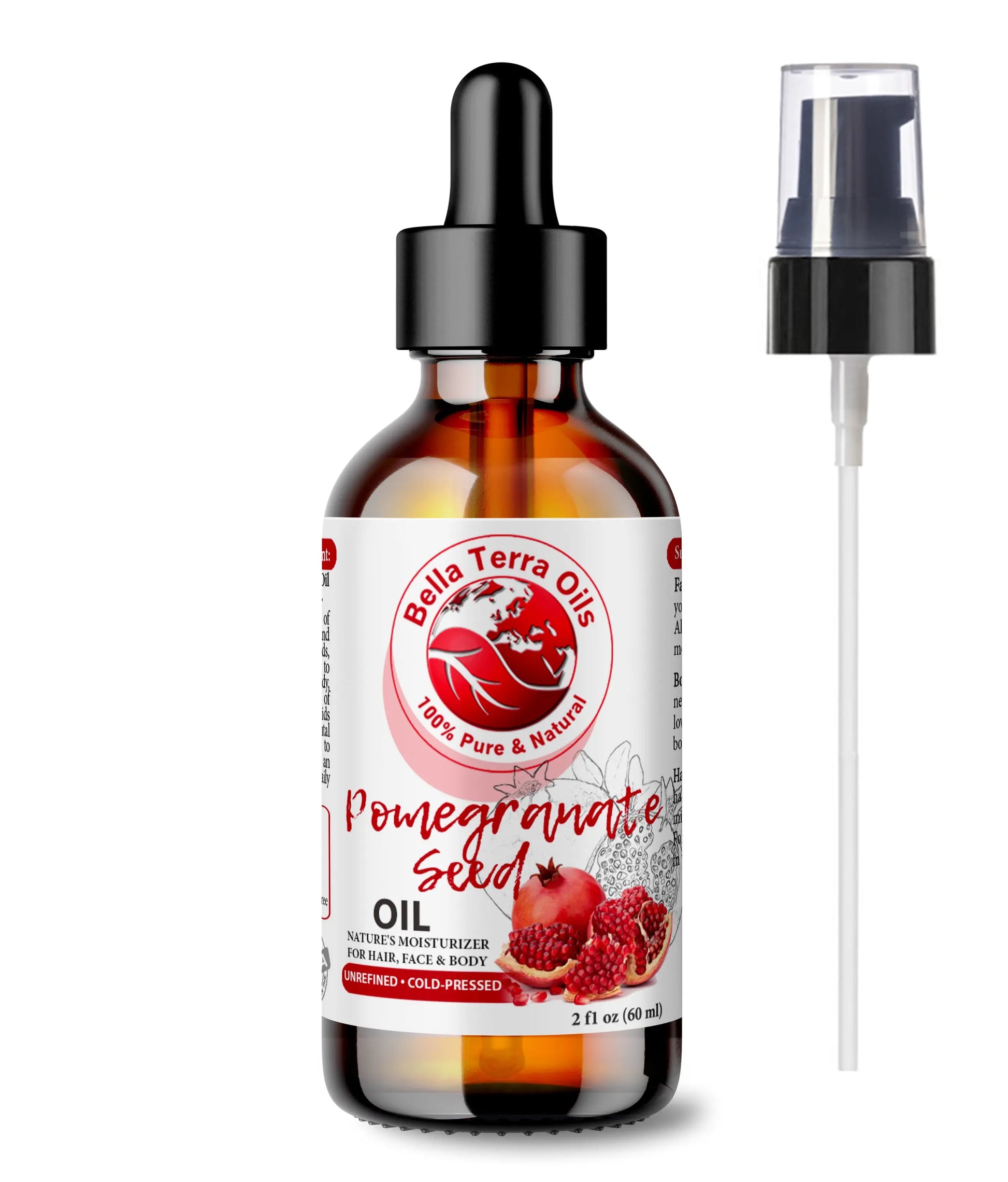 Balla Terra Oils pomegranate seed oil bottle with dropper and spray on a white background