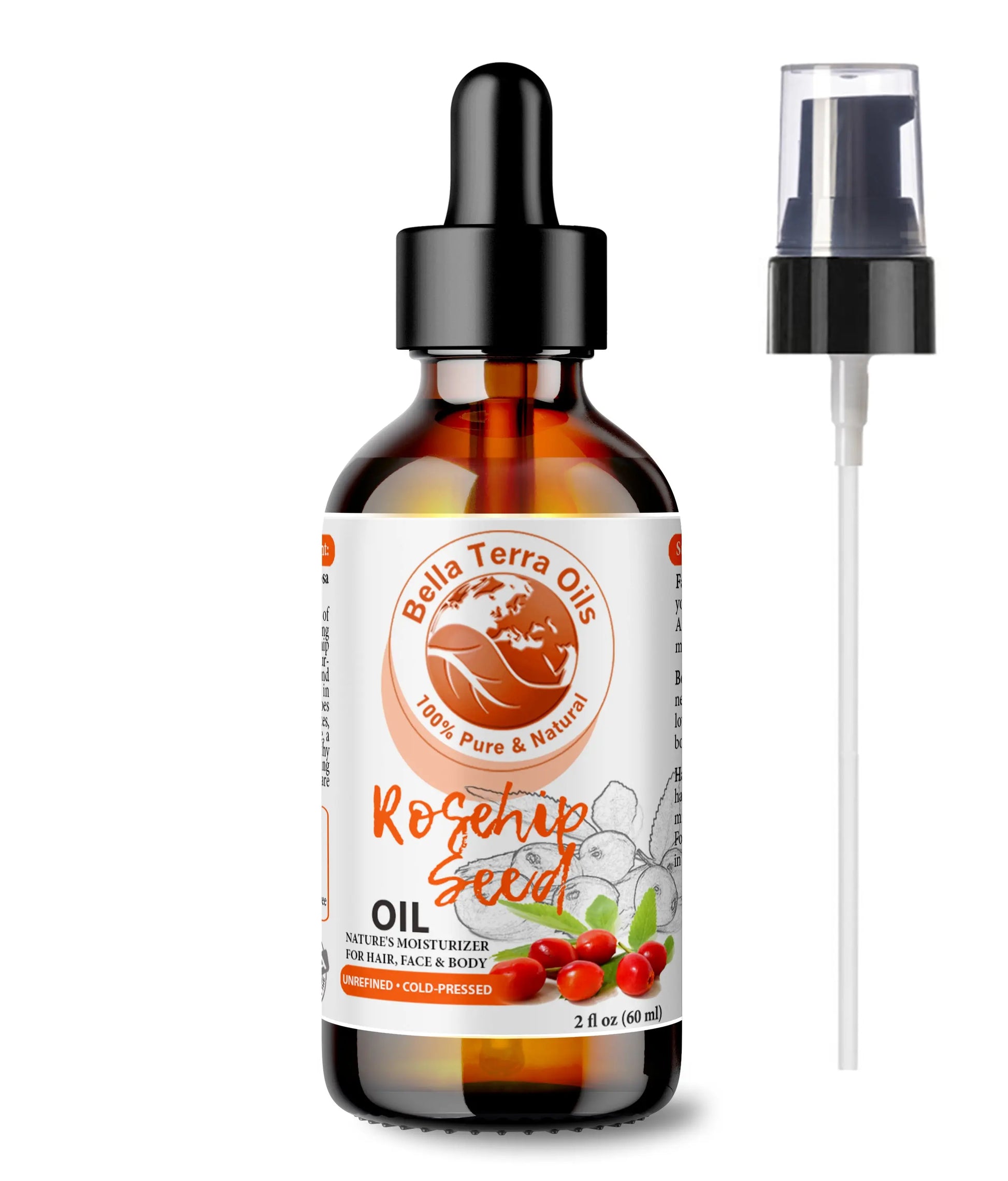 Bottle of Bala Terra Oils Rosehip Seed Oil with dropper and spray applicator on a white background
