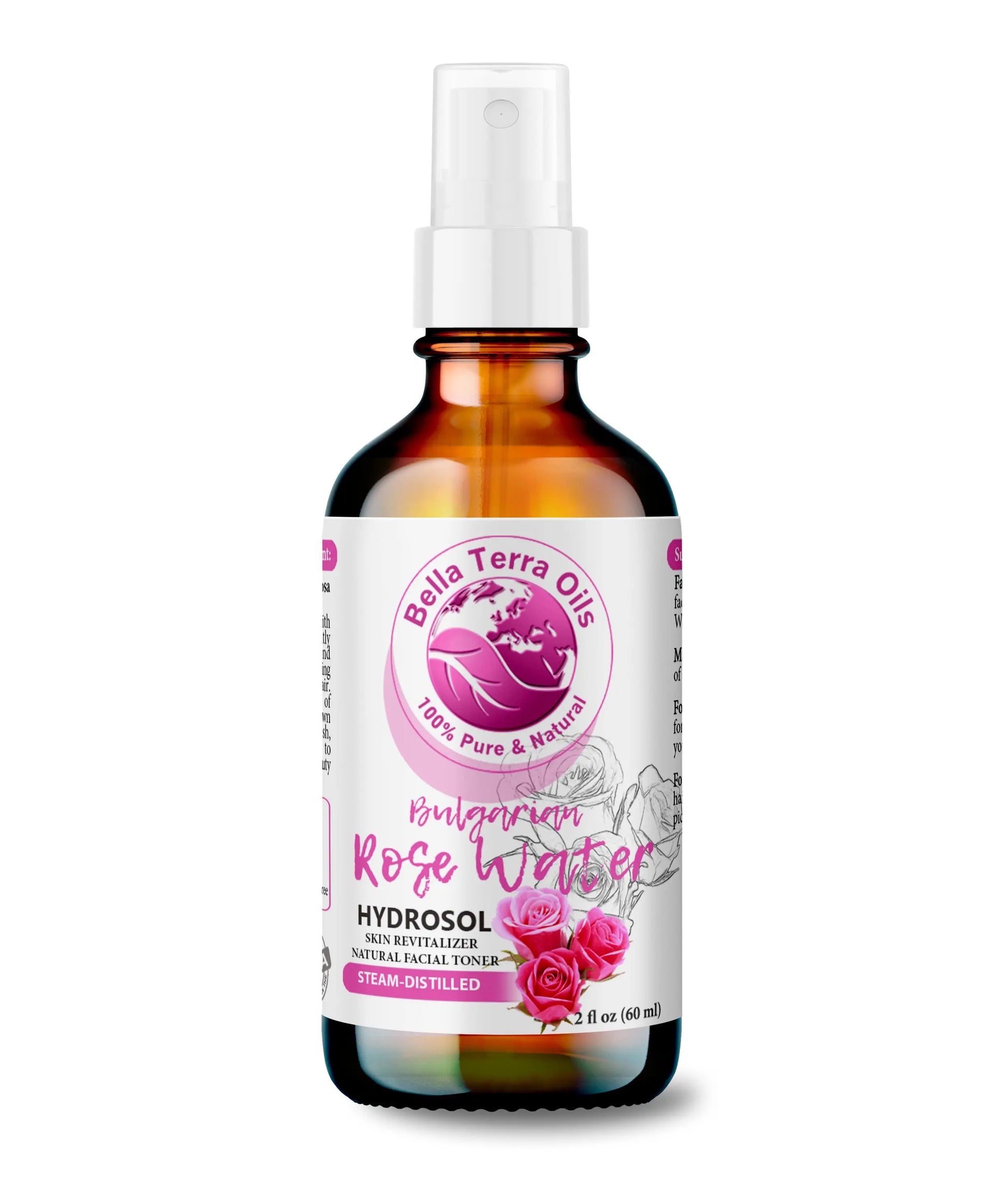 Bottle of Bella Terra Oils Bulgarian Rose Water Hydrosol on a white background
