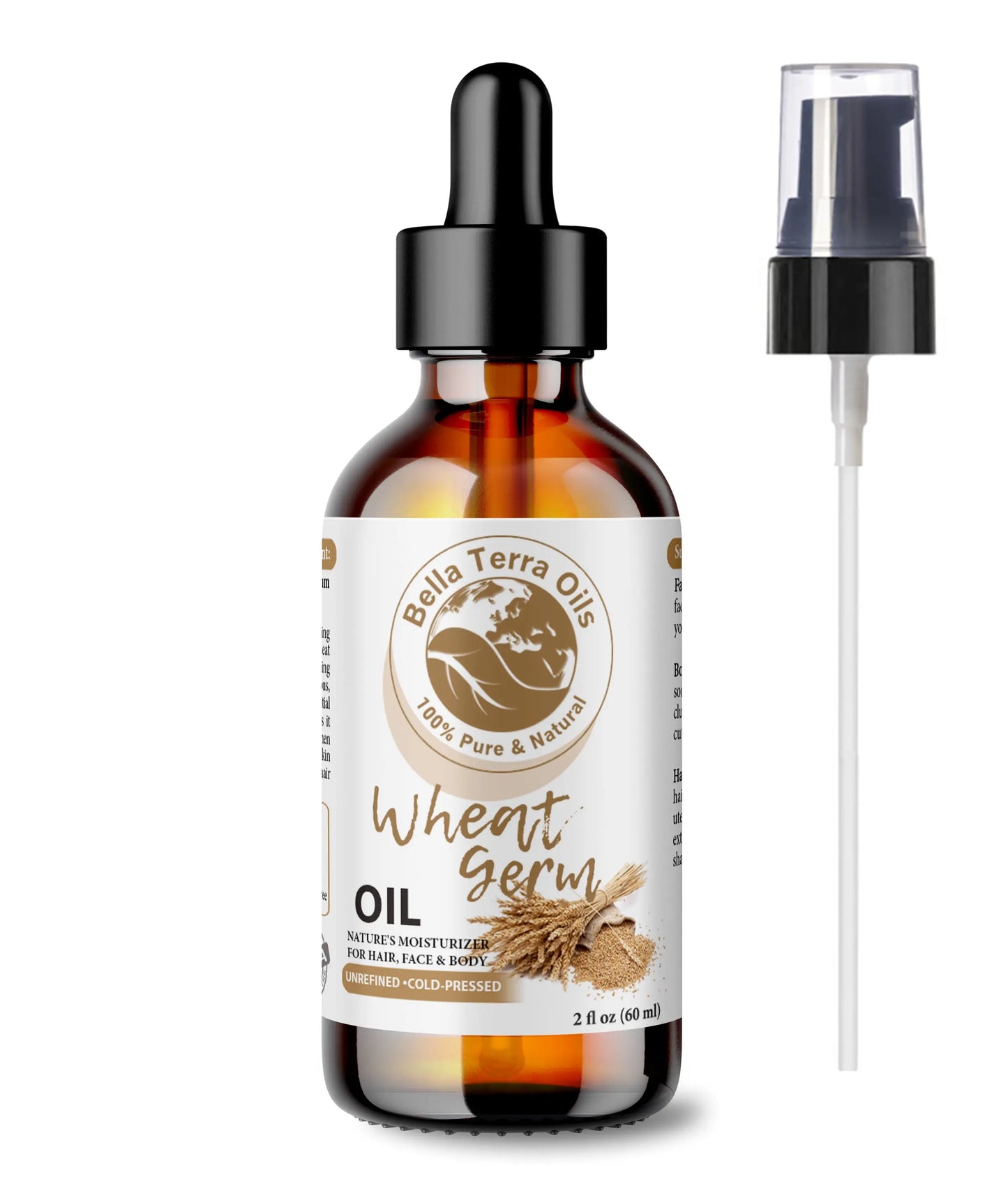 Bella Terra Oils Wheat Germ Oil bottle with dropper and spray on a white background