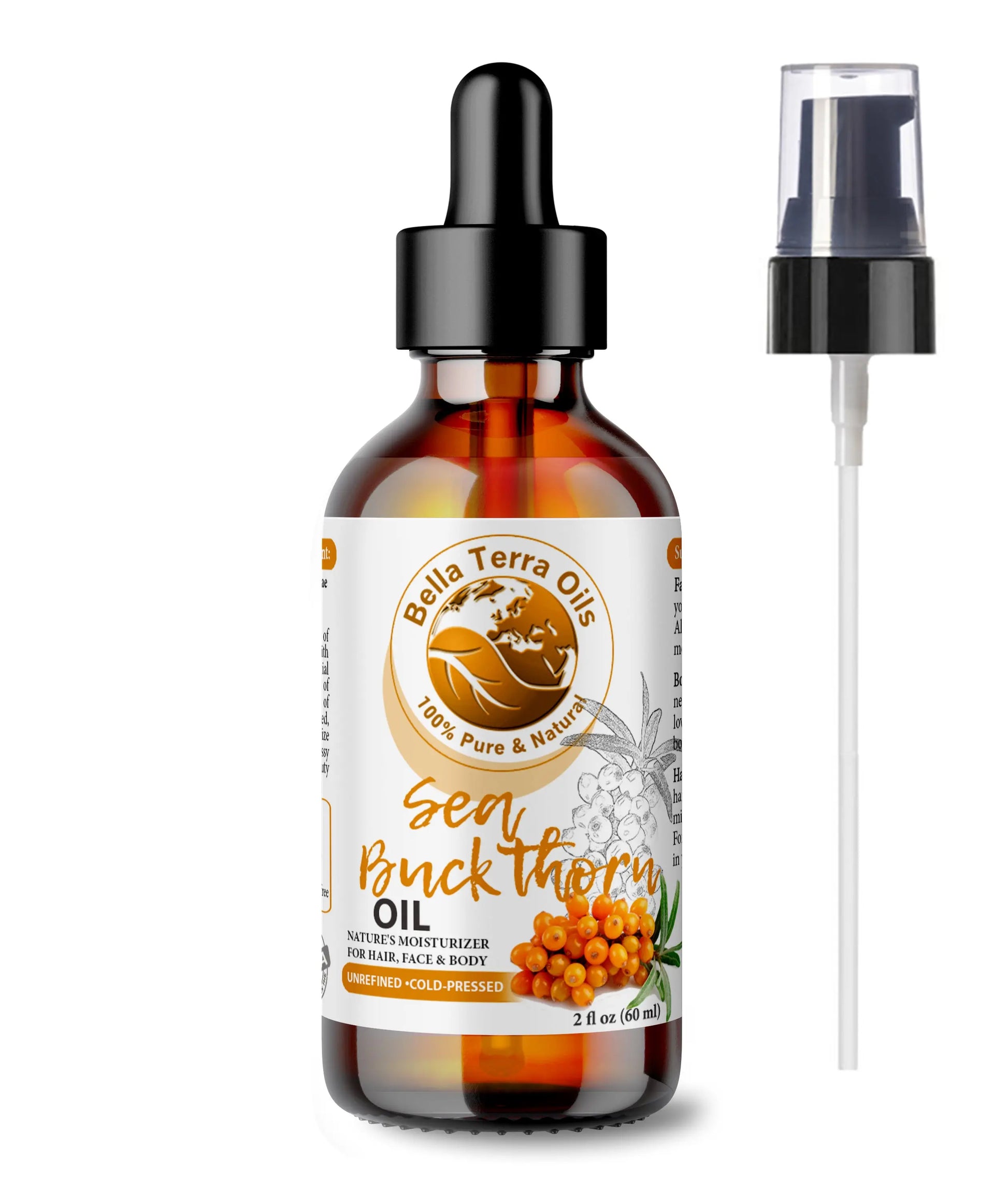 Bottle of Sea Buckthorn oil with dropper and spray applicator on a white background