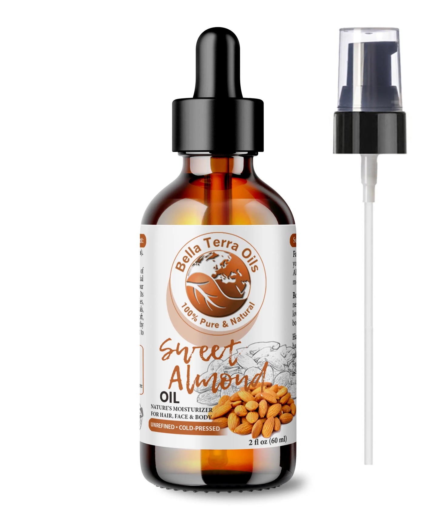 Bottle of Bella Terra Oils Sweet Almond Oil with dropper and pump on a white background