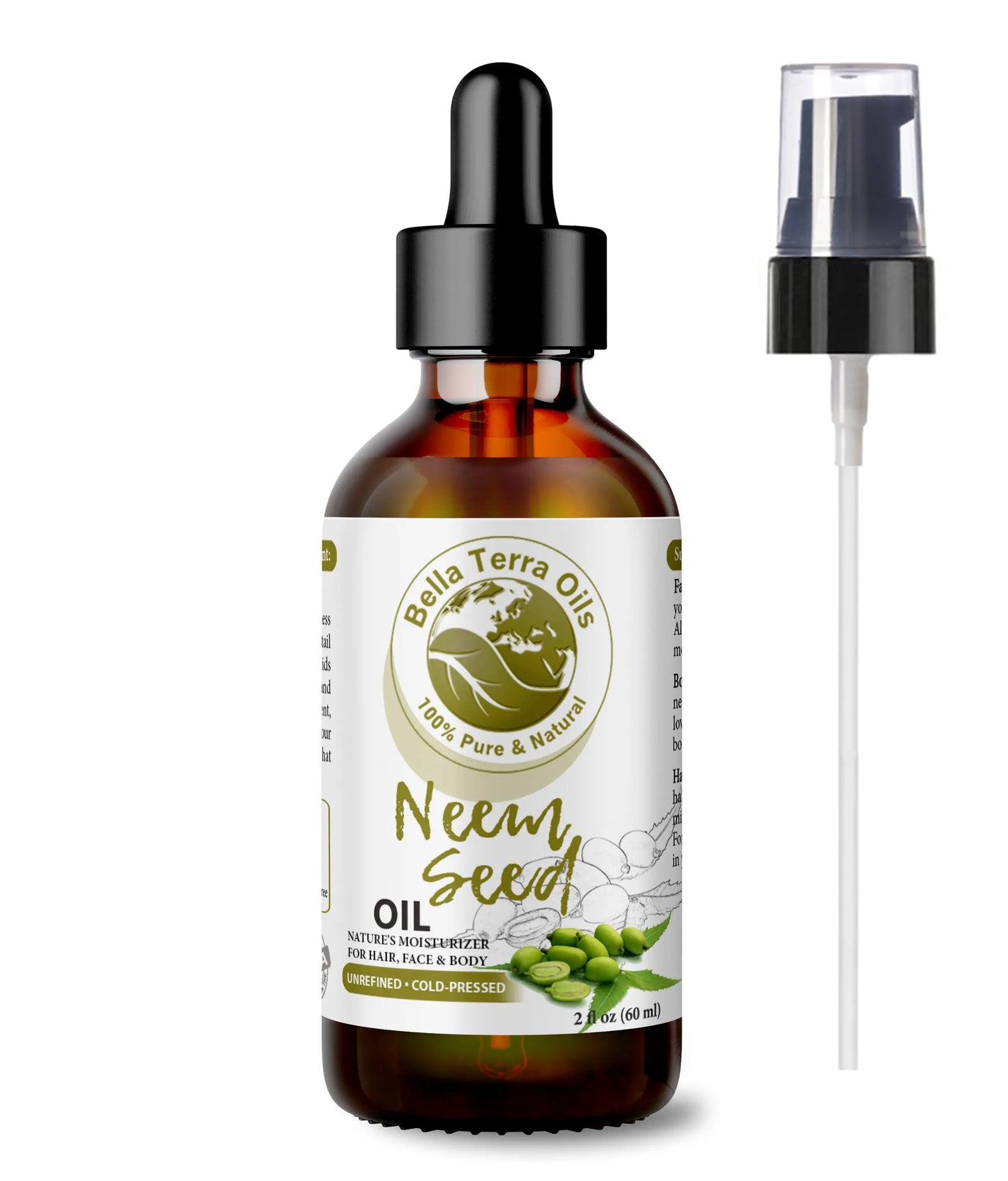 Bella Terra Oils Neem Seed Oil bottle with dropper and spray on a white background