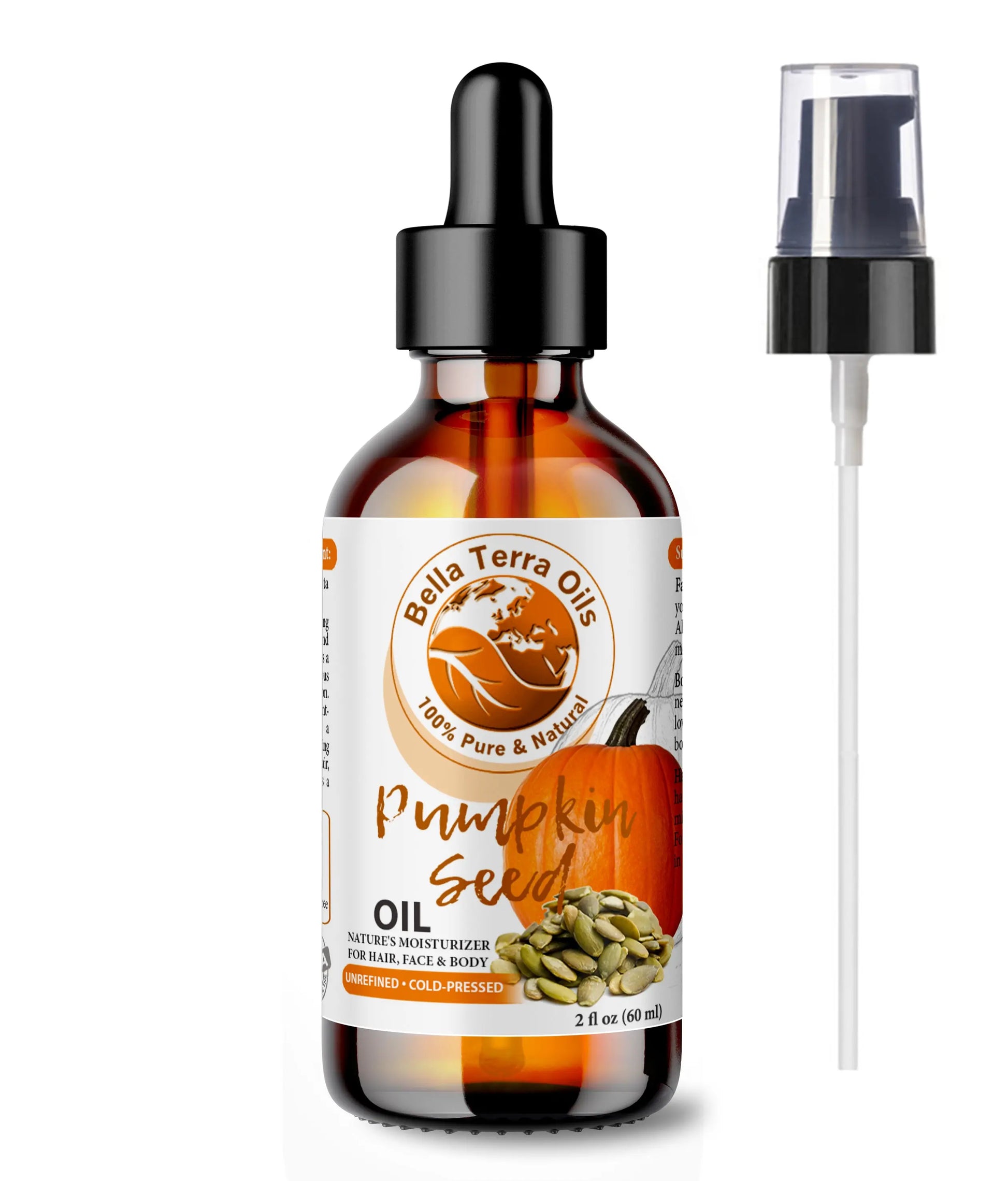 Bottle of Bella Terra Oils pumpkin seed oil with dropper and pump on a white background