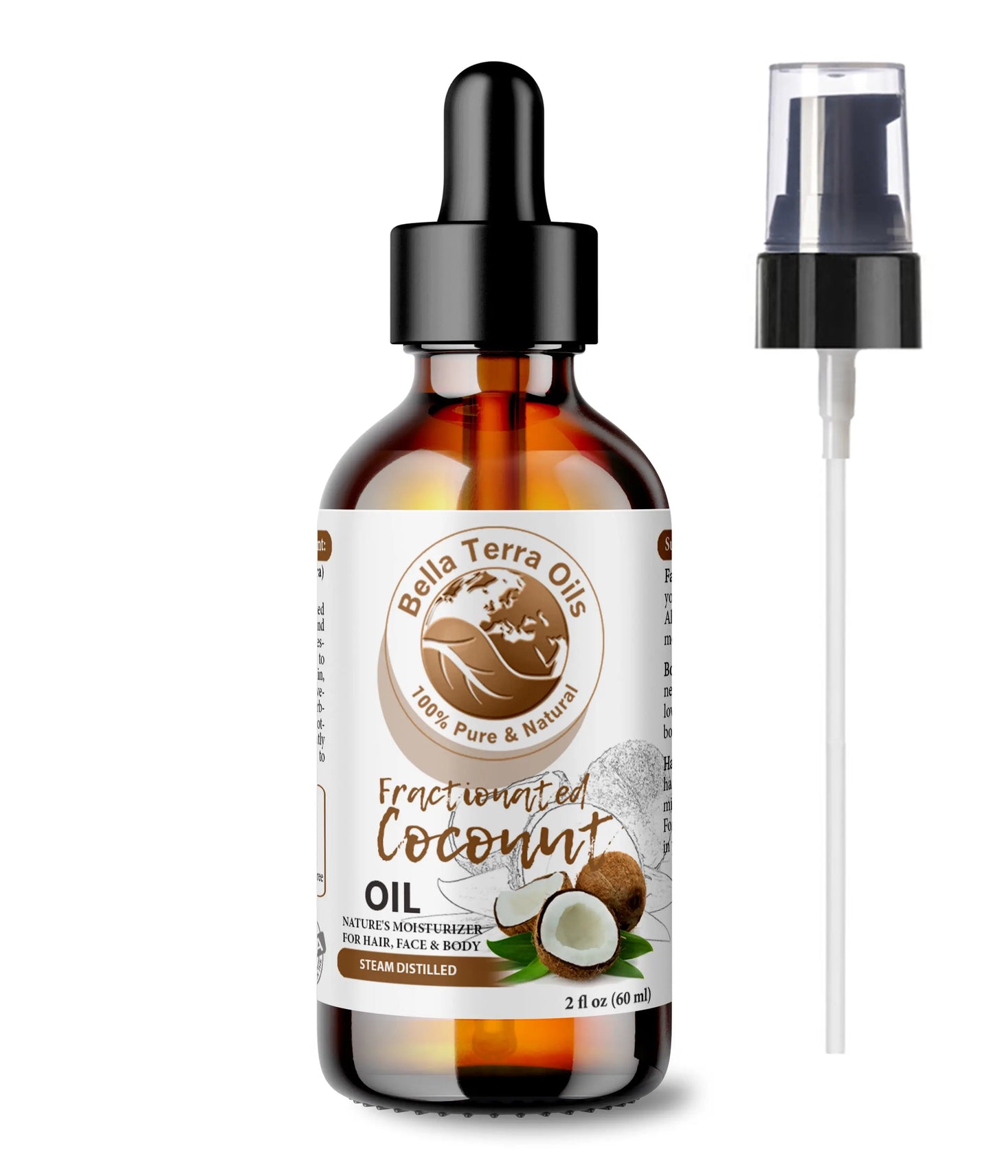 Bottle of Balla Terra Oils Fractionated Coconut Oil with dropper and pump on a white background