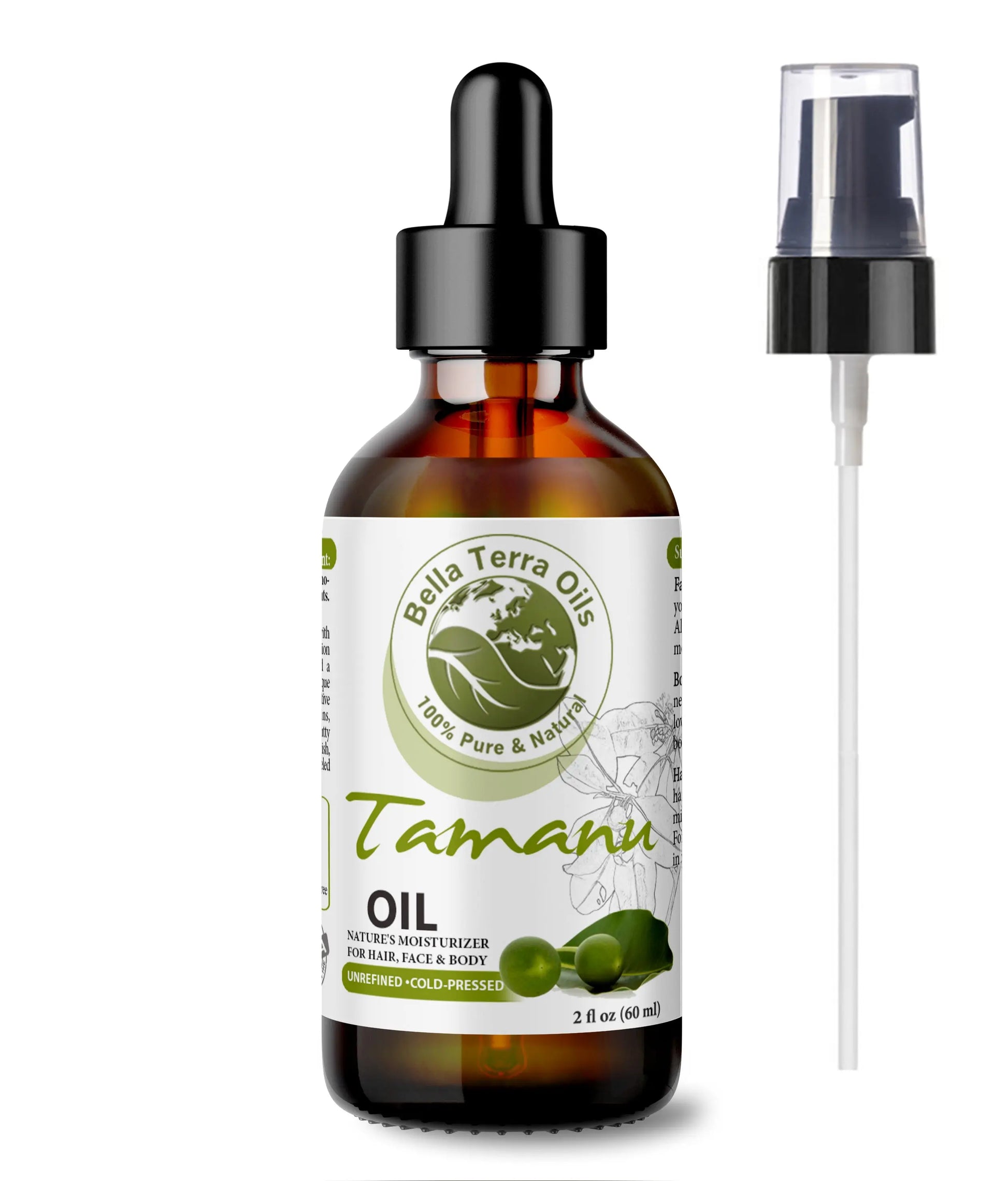 Bella Terra Oils Tamanu oil bottle with dropper and spray on a white background