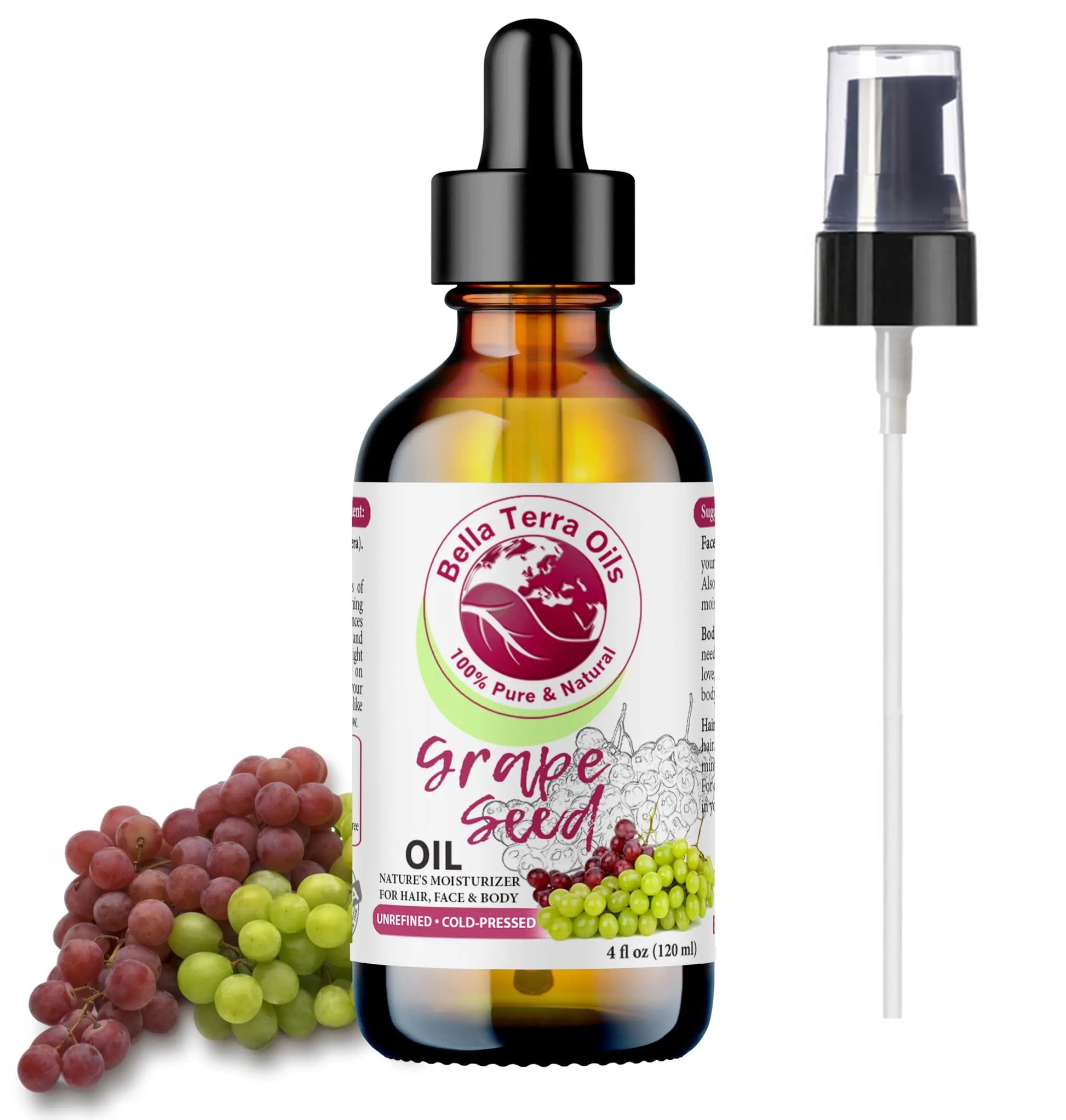 Bella Terra Oils grape seed oil bottle with dropper and grapes on a white background