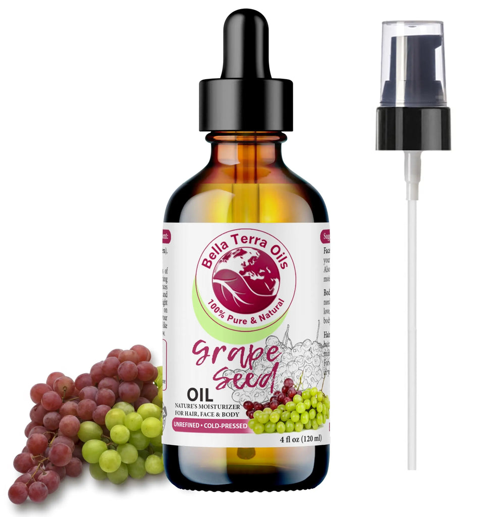 Bella Terra Oils grape seed oil bottle with dropper and grapes on a white background