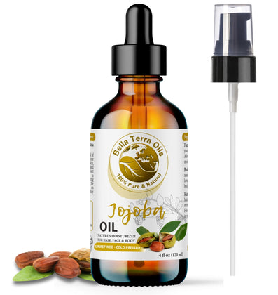 Bottle of Bella Terra Oils Jojoba Oil with dropper and pump on a white background