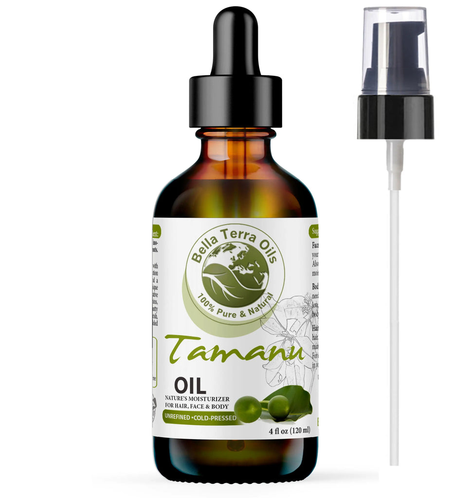 Bella Terra Oils Tamanu oil bottle with dropper on a white background