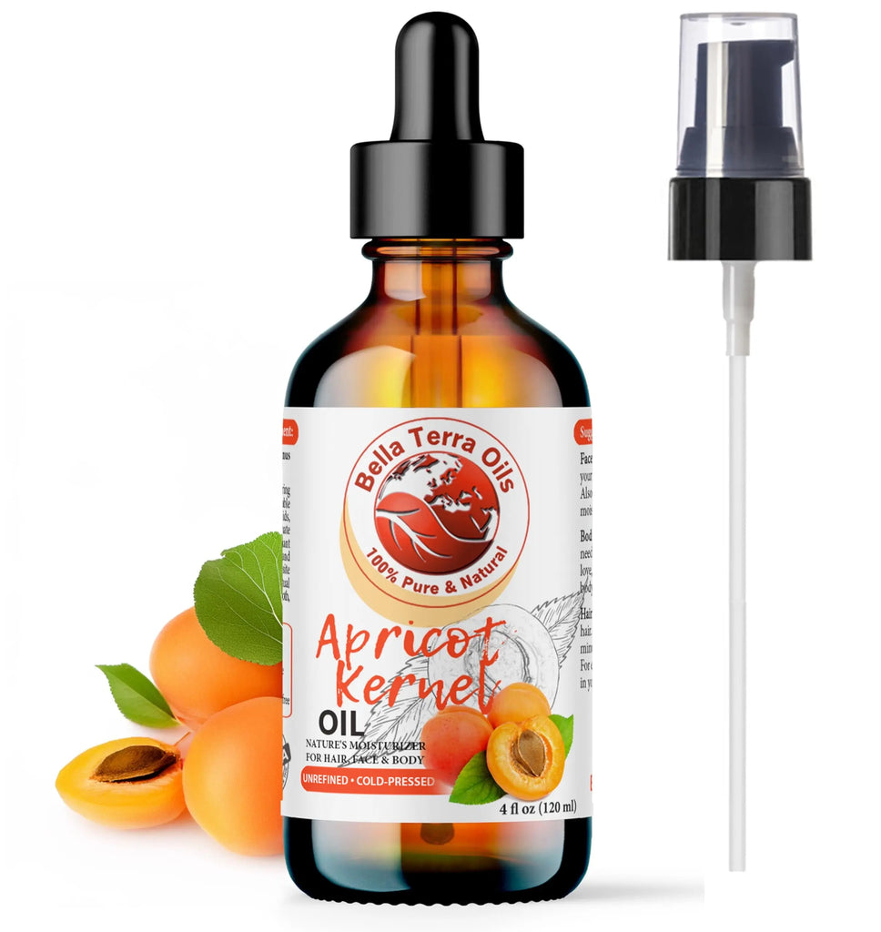 Bella Terra Oils apricot kernel oil bottle with dropper and spray on a white background