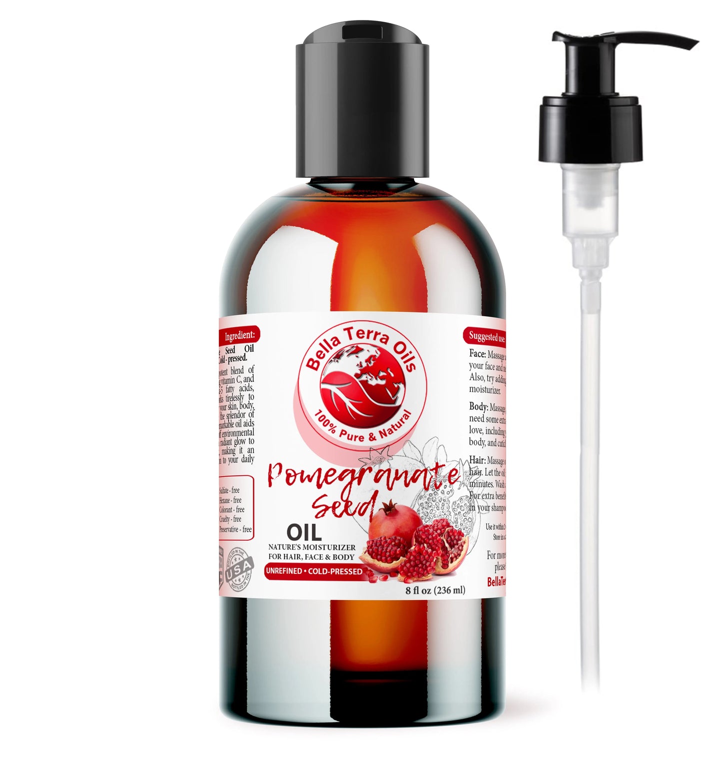 Bella Terra Oils pomegranate seed oil bottle with pump on a white background