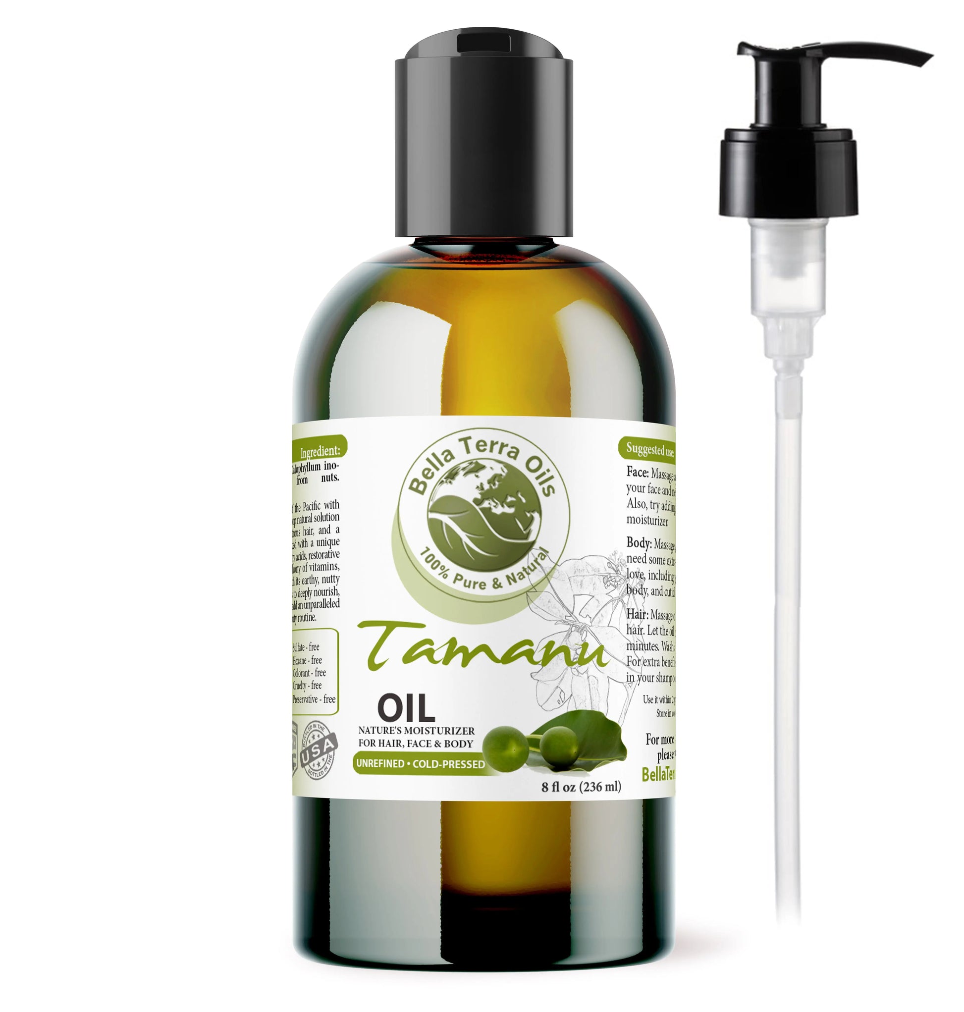 Bella Terra Oils Tamanu Oil bottle with pump on a white background
