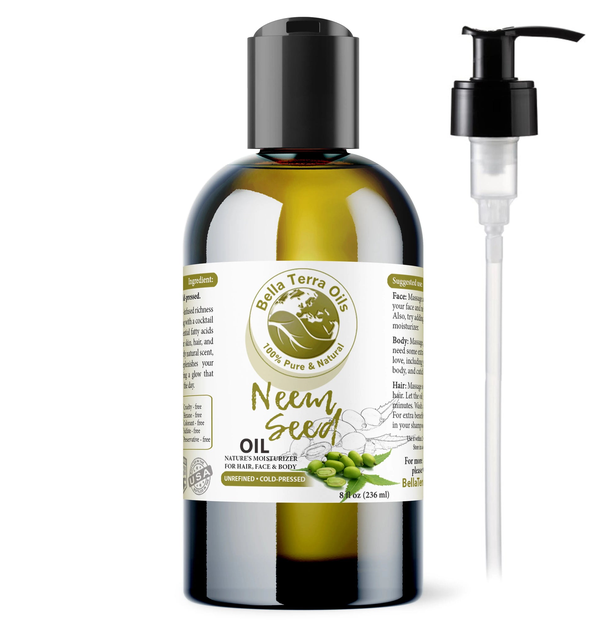 Bella Terra Oils Neem Seed Oil bottle with pump on a white background